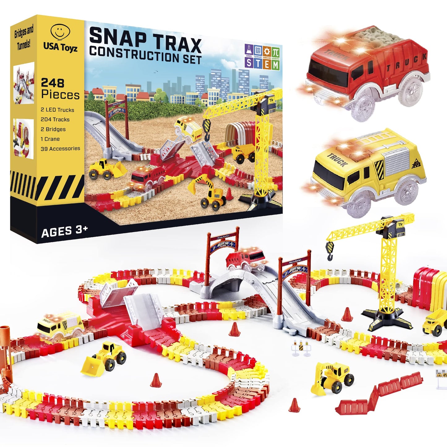 Usa Toyz Snap Trax Construction Set Race Tracks And Led Toy Cars - 251 Pk Stem Building Toys Car Race Tracks Set With Bendable Race Car Track For Boys Girls, 3 Trucks, And 2 Light Up Toy Cars For Kids