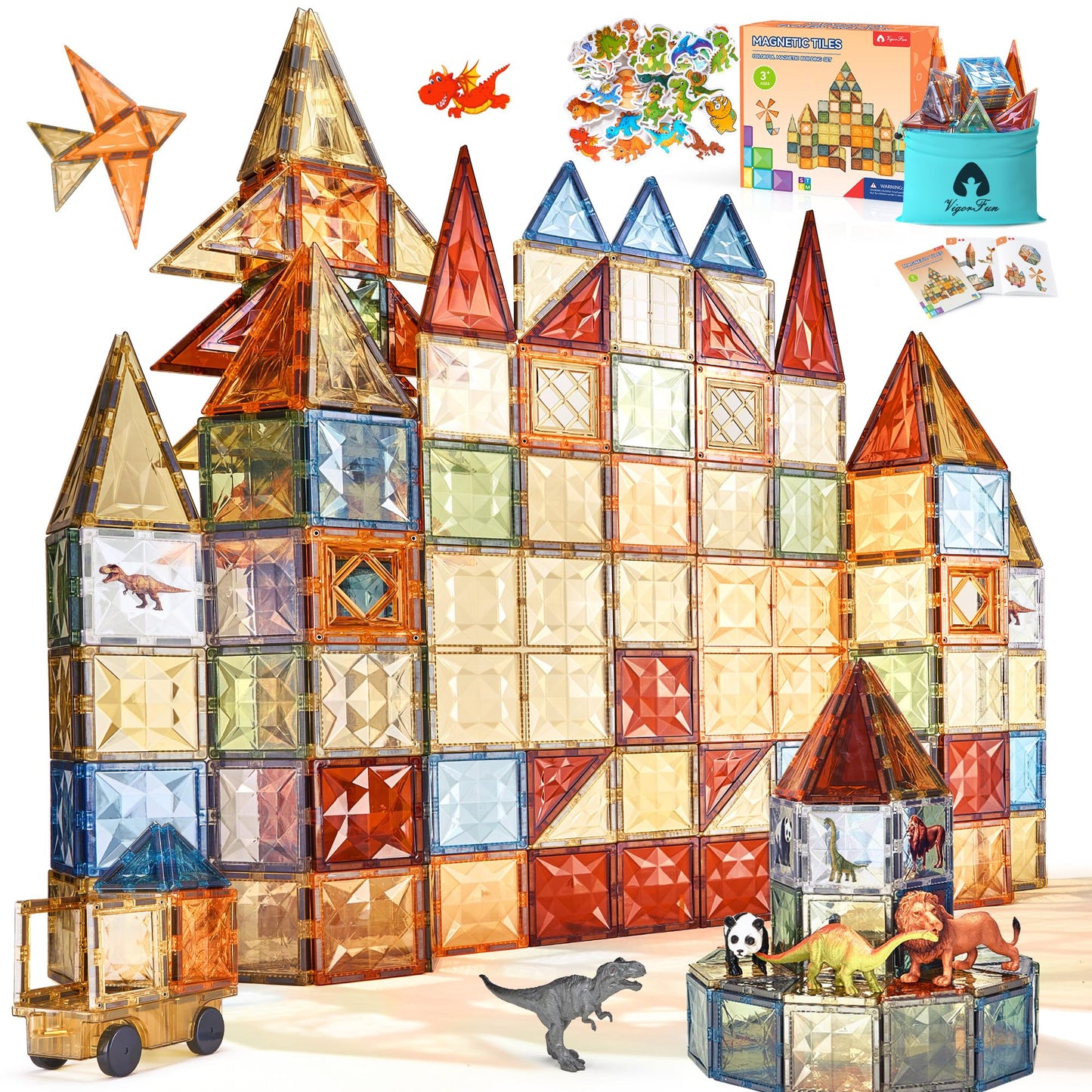 Vigorfun Magnetic Tiles Set, Magnet Tiles Building Blocks With Car Animal Models And Stickers, Construction Educational Stem Sen