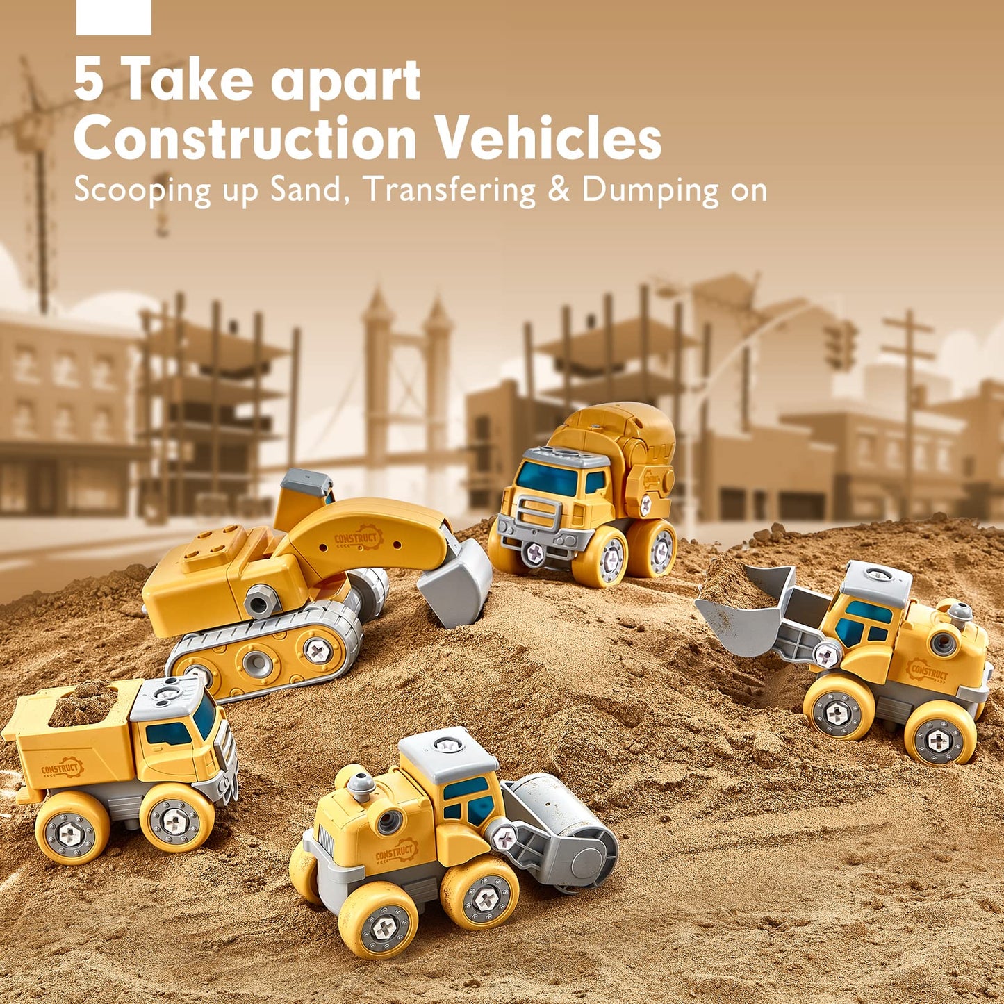 hahaland Take Apart Dinosaur Kids Toys - 5 in 1 Construction Vehicles, STEM Building Toy for Boys 5+ - Yellow, Model ECXP2002-2J