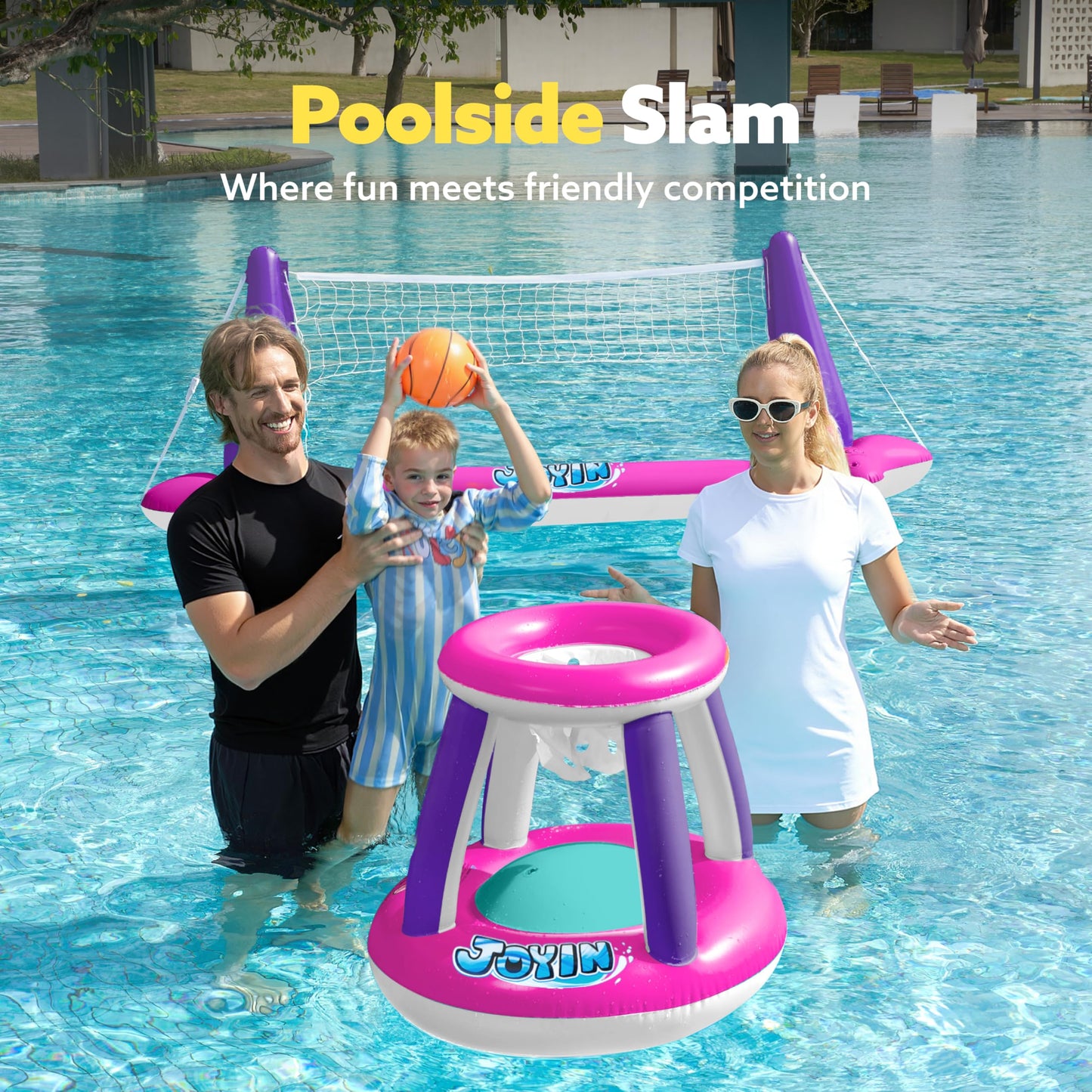 Joyin Inflatable Pool Float Set Volleyball Net & Basketball Hoops, Floating Swimming Game Toy Floaties For Kids And Adults Volle