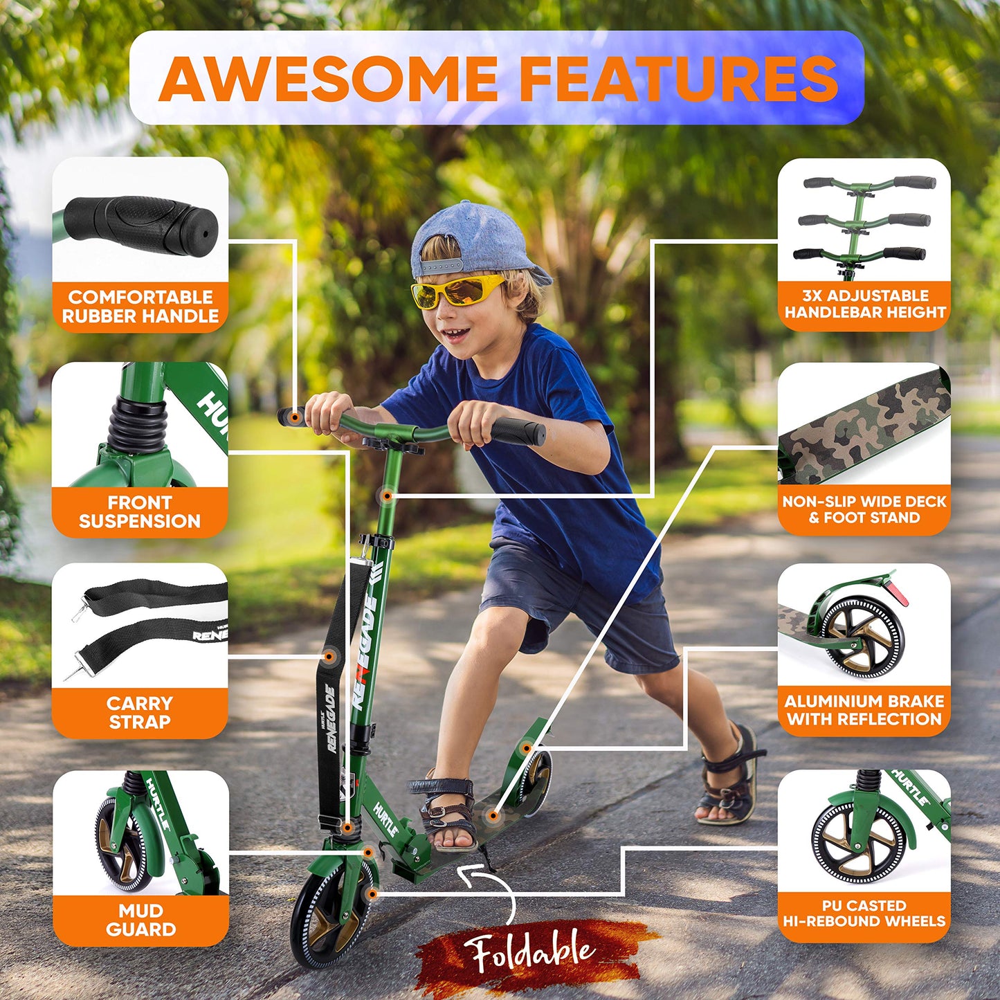 Hurtle Lightweight And Foldable Kick Scooter - Adjustable Scooter For Teens And Adult, Alloy Deck With High Impact Wheels (Camouflage)