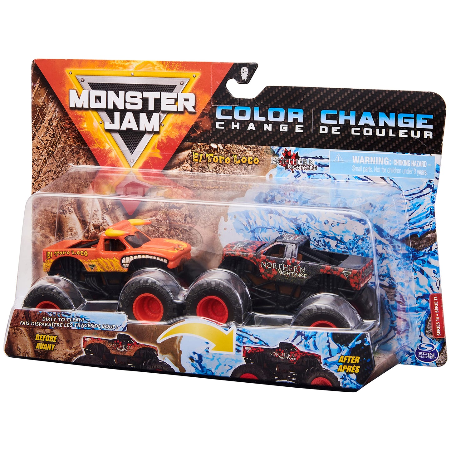 Monster Jam Color-Changing Die-Cast Monster Trucks, El Toro Loco vs. Northern Nightmare, 1:64 Scale, Plastic, Model 6060884