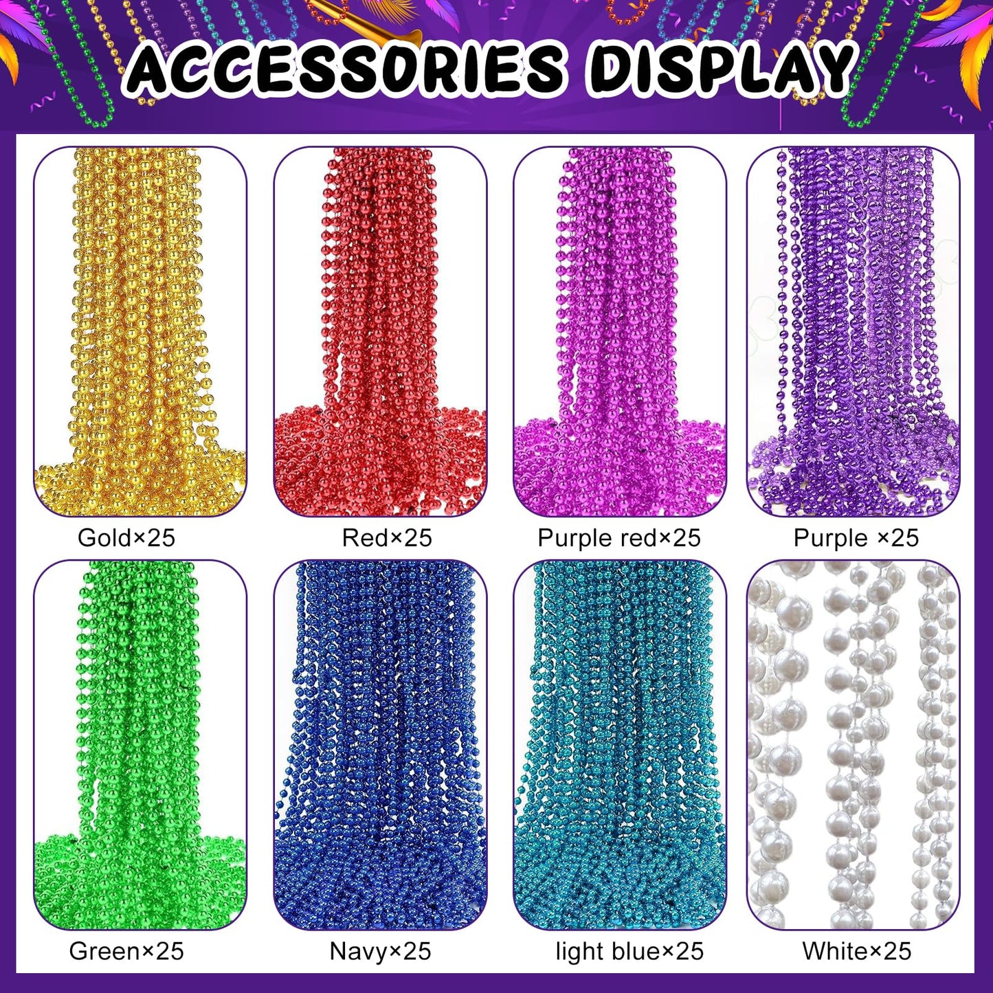 Elefama 200PCS Mardi Gras Beads Necklaces Bulk 33 Inch 7 mm Purple Blue Pink Silver Gold Red Green Mardi Gras Beaded Necklaces G