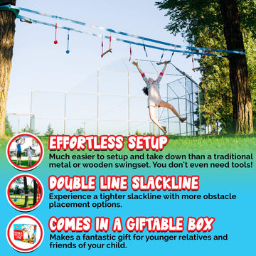 Double Ninja Slackline Obstacle Course For Kids | 80 Foot Line | Ninja Slackline Monkey Bars Playground Equipment | Ninja Ropes Course | Patented Double Line Design