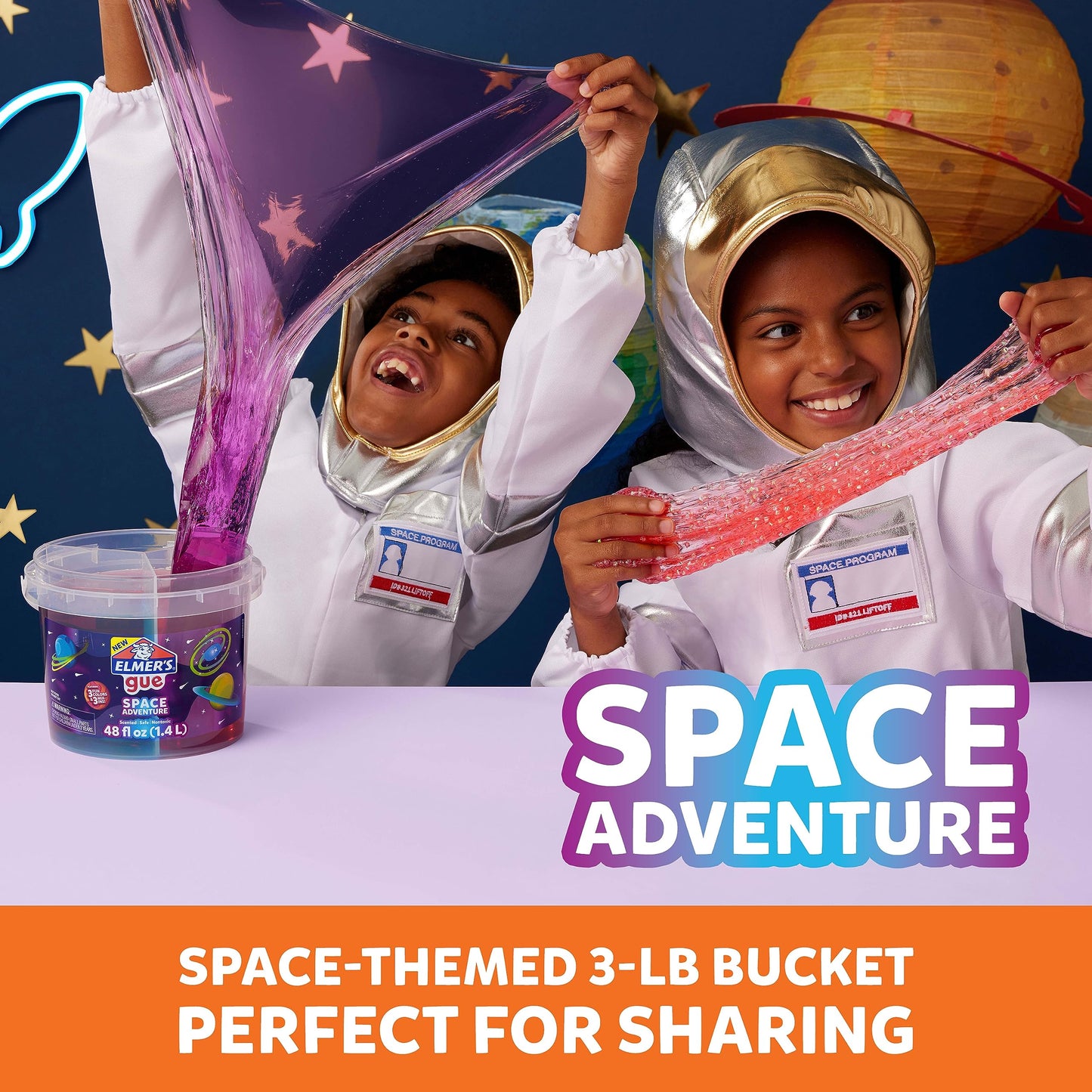 Elmer’S Gue Premade Slime Bucket, Space Adventure Theme, Includes 3 Lb. Bucket With 3 Types Of Slime And 3 Sets Of Add-Ins