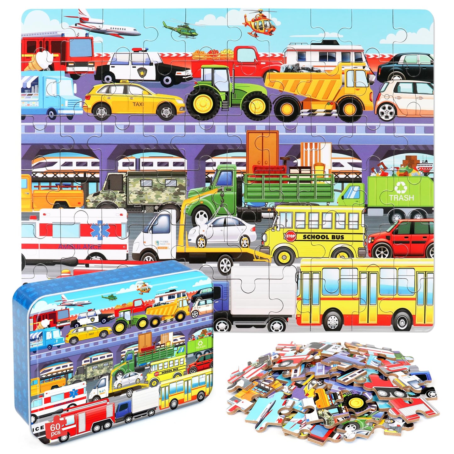 Lelemon 60 Pieces Jigsaw Puzzles For Kids Ages 4-8 Traffic Jam Puzzles Boys Girls Children Learning Educational Puzzles Portable