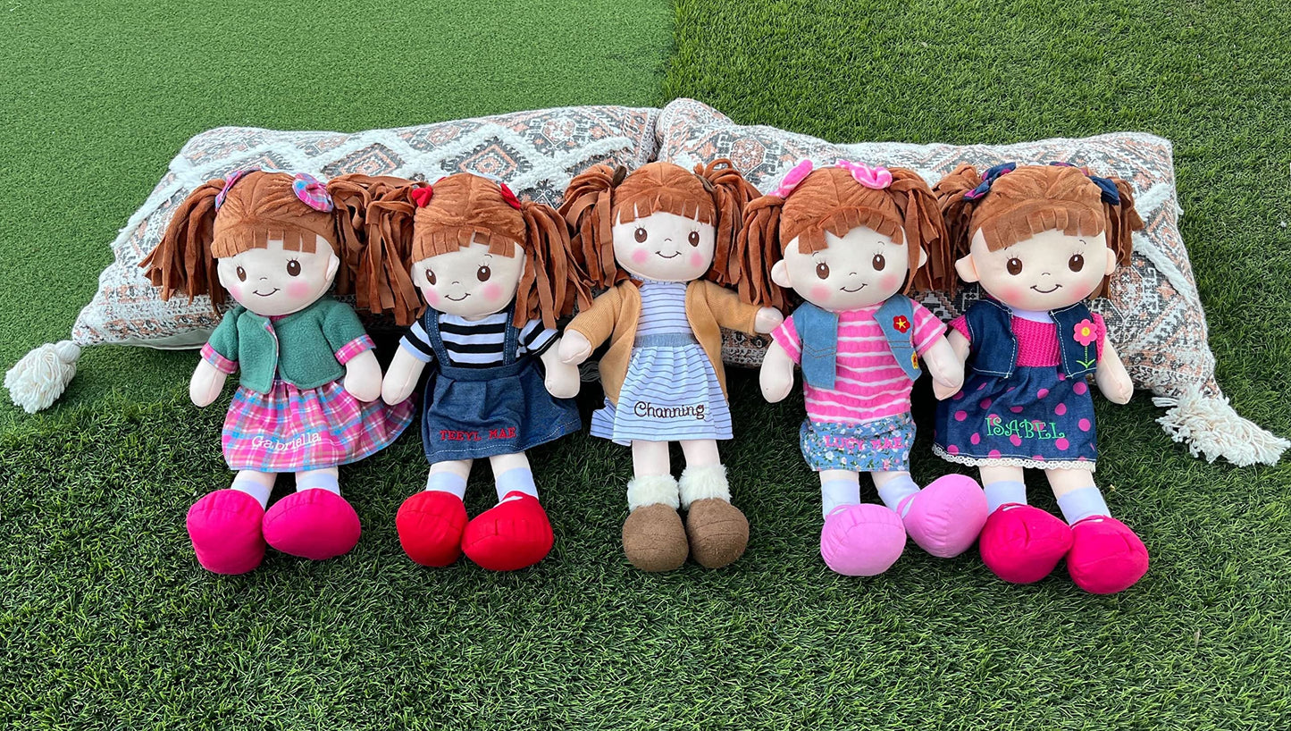 Personalized Snuggle Dolls, Custom Soft Brunette Baby Rag Doll, Blue Jacket Dress, 16 Inches, Muecas De Trapo Personalizadas Par