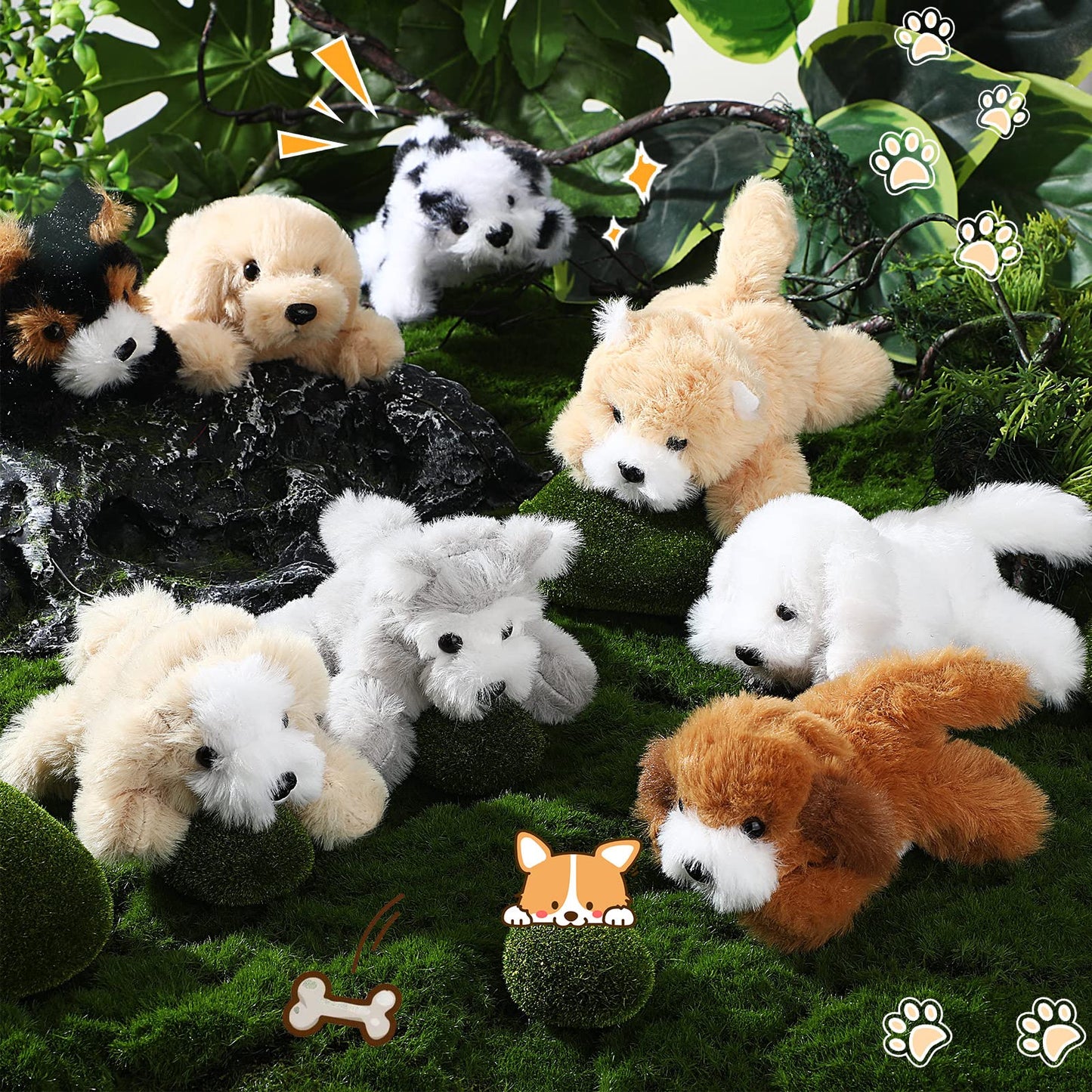 8-Piece Plush Pets Set, 5-Inch Assorted Stuffed Animals, Small Long-Hair Dogs For Kids, Classroom & Party Decorations