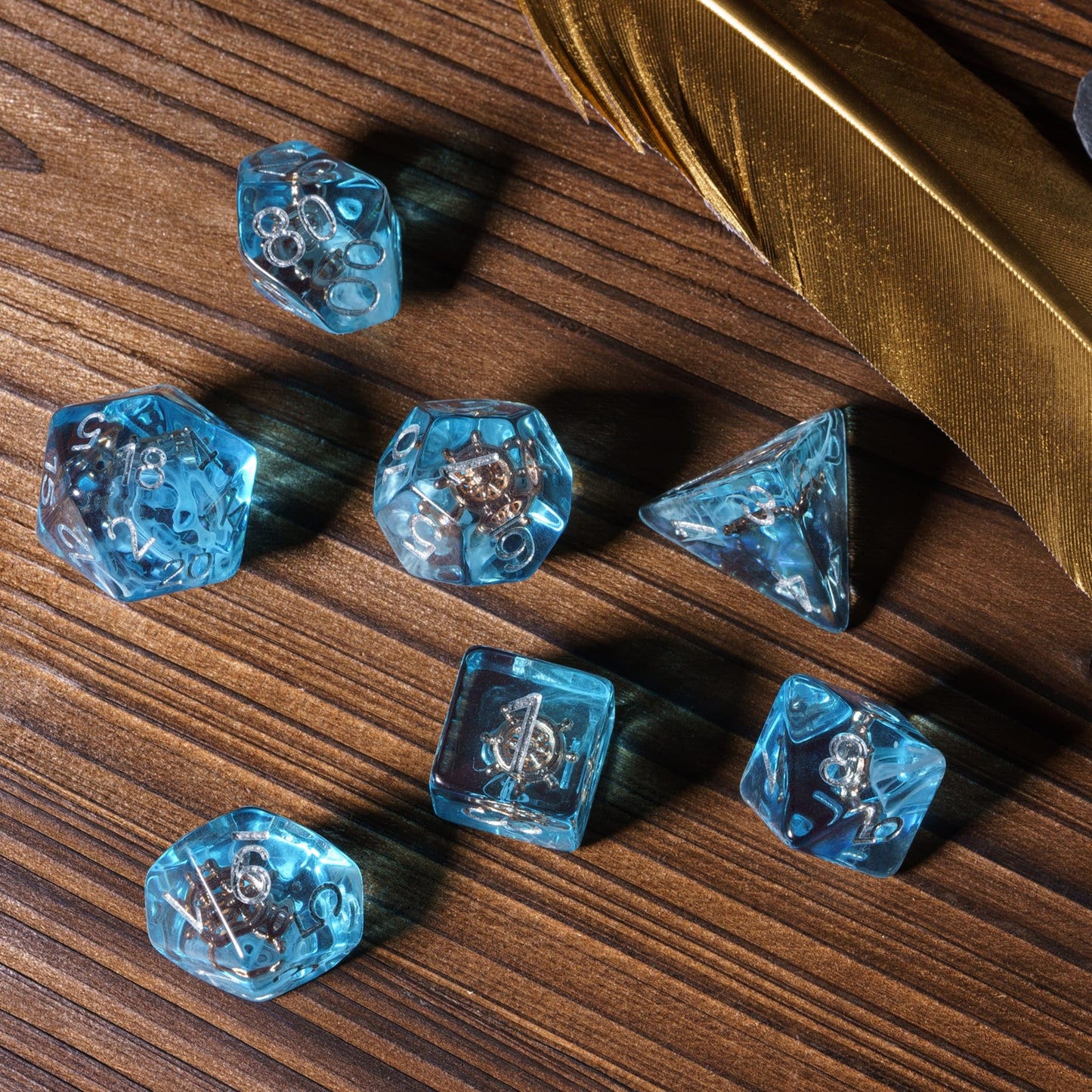 UDIXI 7PCS Polyhedral Dice Set D&D Filled with Rudder, Blue DND Dice with White Floating Silk for Dungeons and Dragons RPG MTG a