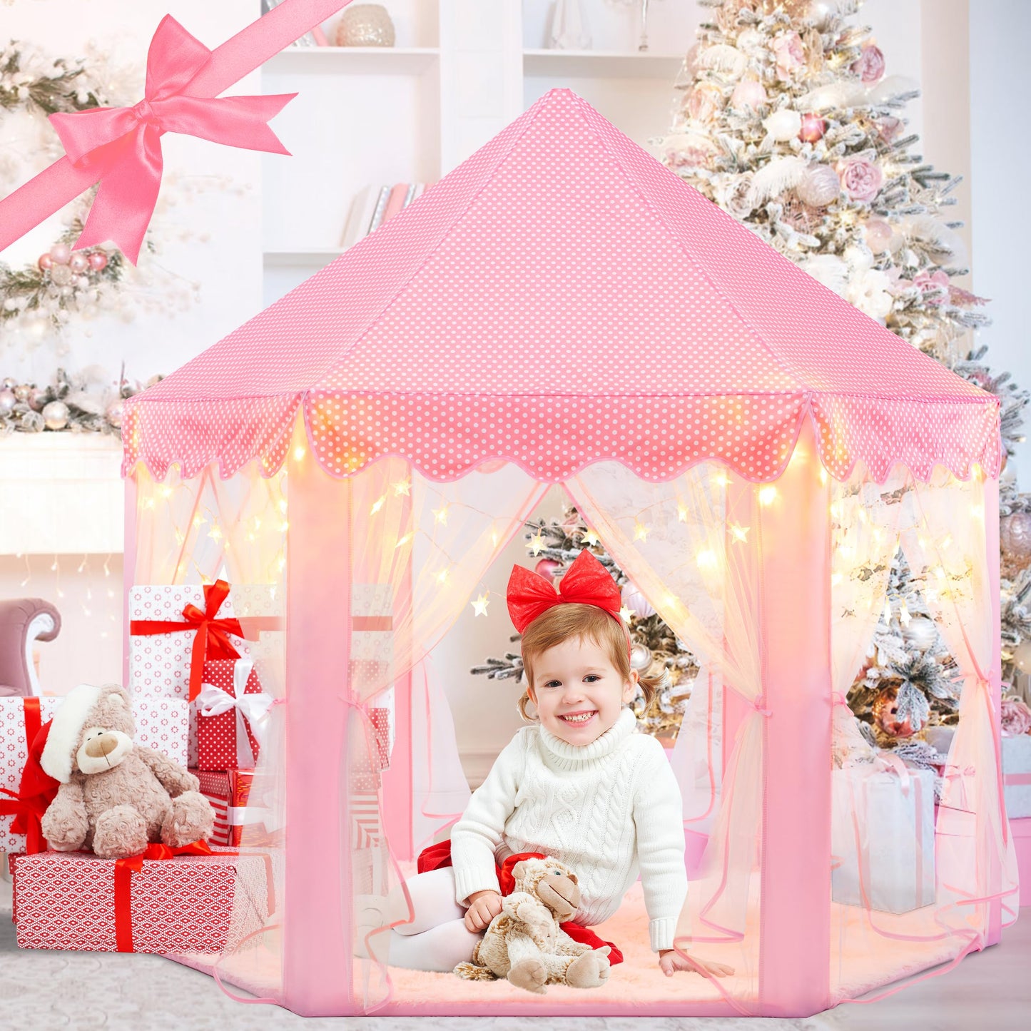 Evoionos Princess Tent With Lights And Rug, Play Tent For Girls, Kids Tent Indoor And Mat, Princess Castle Playhouse Tent For Gi