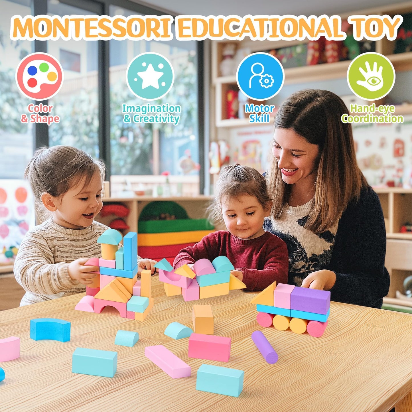 Vigorfun 110 Pcs Wooden Building Blocks Set - Construction Stacking Toy With Storage Bag, Montessori Preschool Toys For Toddlers