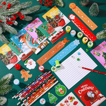 Zhanmai 350 Pcs Christmas School Stationery Gift Set for Kids Xmas Stationery Set for Stocking Stuffers 30 Pack with Notebook Pe