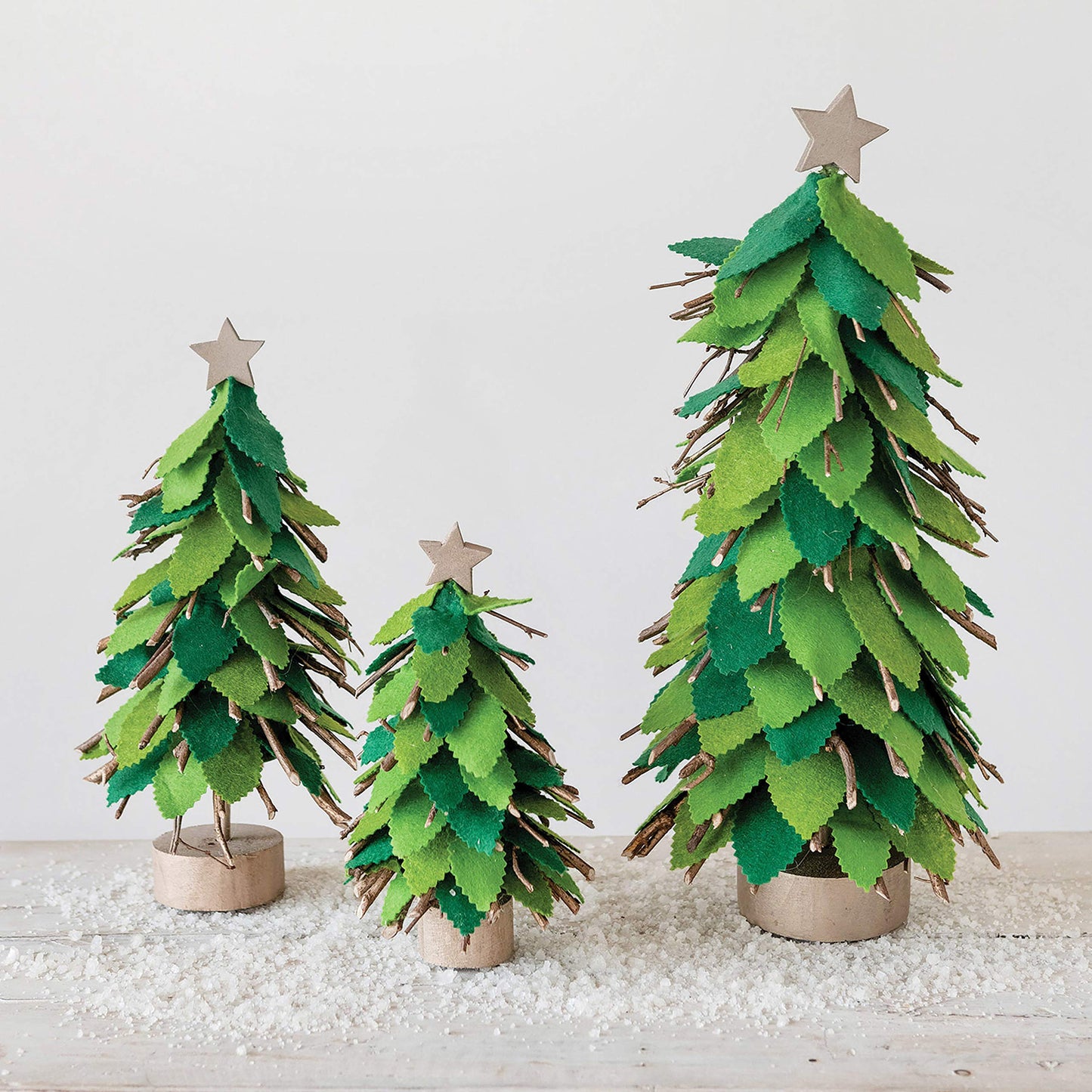 Creative Co-Op 5-1/4' Round X 8-1/2'H Wool Felt Tree With Twigs, Star & Wood Base, Green