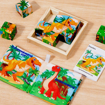 Wooden Dinosaur Block Puzzles For Kids Ages 3-5 With Baby Book, Jigsaw Puzzles Preschool Educational Interactive Toys Gift For Boys Girls, Wood Dino Cube Puzzles For Toddlers 2 3 4 5 6 Years Old