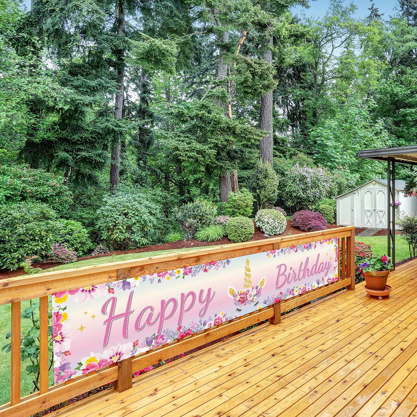 Large Unicorn Happy Birthday Banner 1.3 x 8.2 ft Huge Pink Unicorn Flowers Birthday Banner Floral Yard Sign Decorations for Outd
