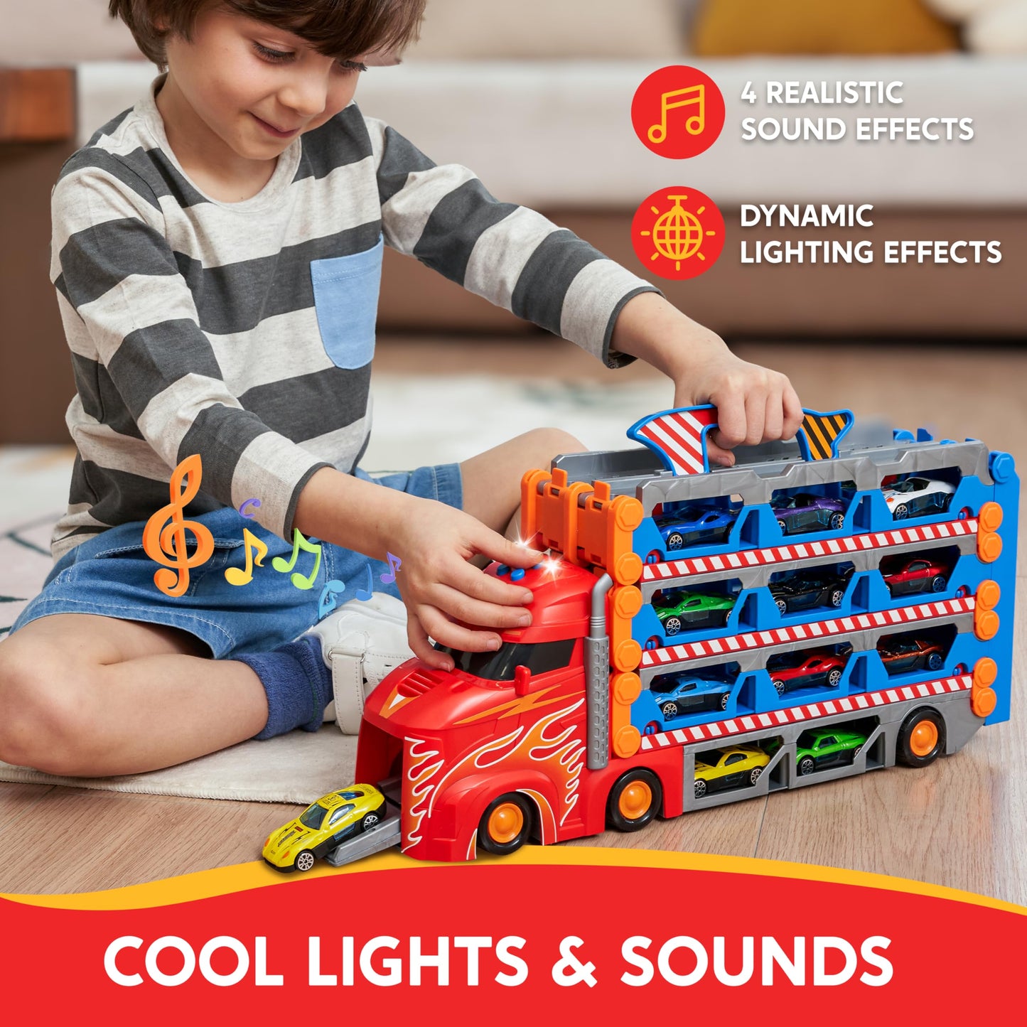 Syncfun Carrier Truck Race Track Toddler Toy - 8-Ft Foldable 3 Layer Toy Truck With 12 Die-Cast Metal Racing Cars And Lights & S