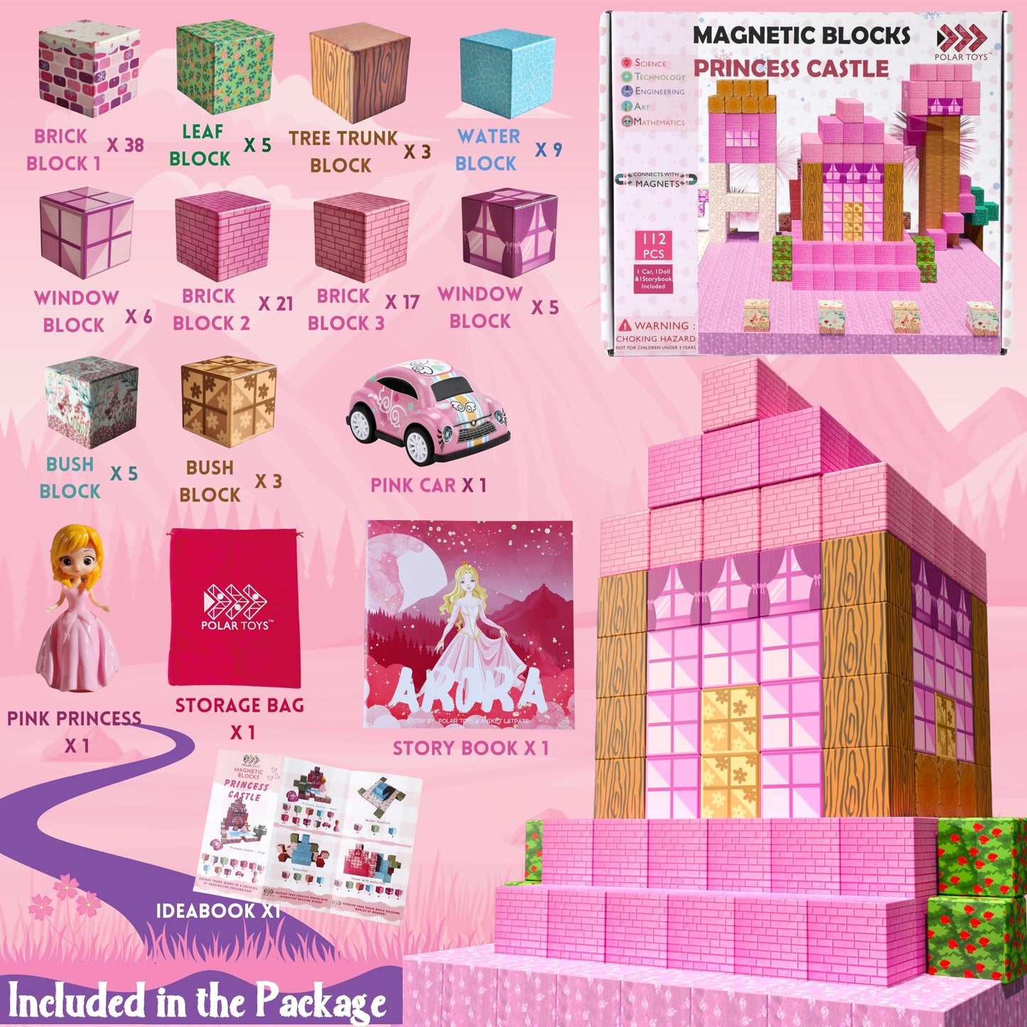 Magnetic Blocks - Princess Castle 112 pcs Polar Cubes Magnetic Building Blocks Set Designed in USA Sensory Princess Blocks