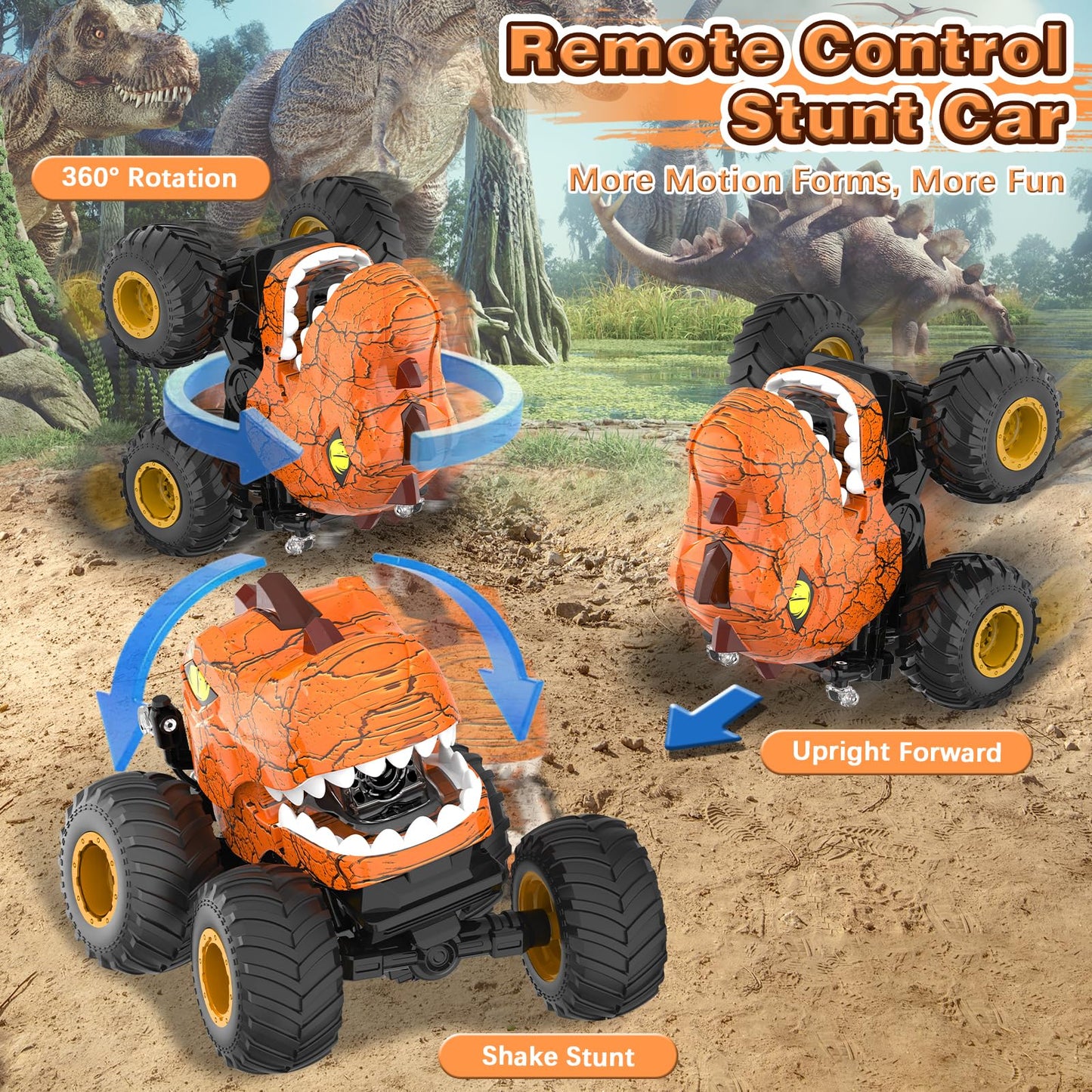 Dinosaur Remote Control Car - RC Car Toys for 4 5 6 7 8 Year Old Boys, 2.4Ghz RC Drift Monster Truck, 360Rotating Stunt Car with