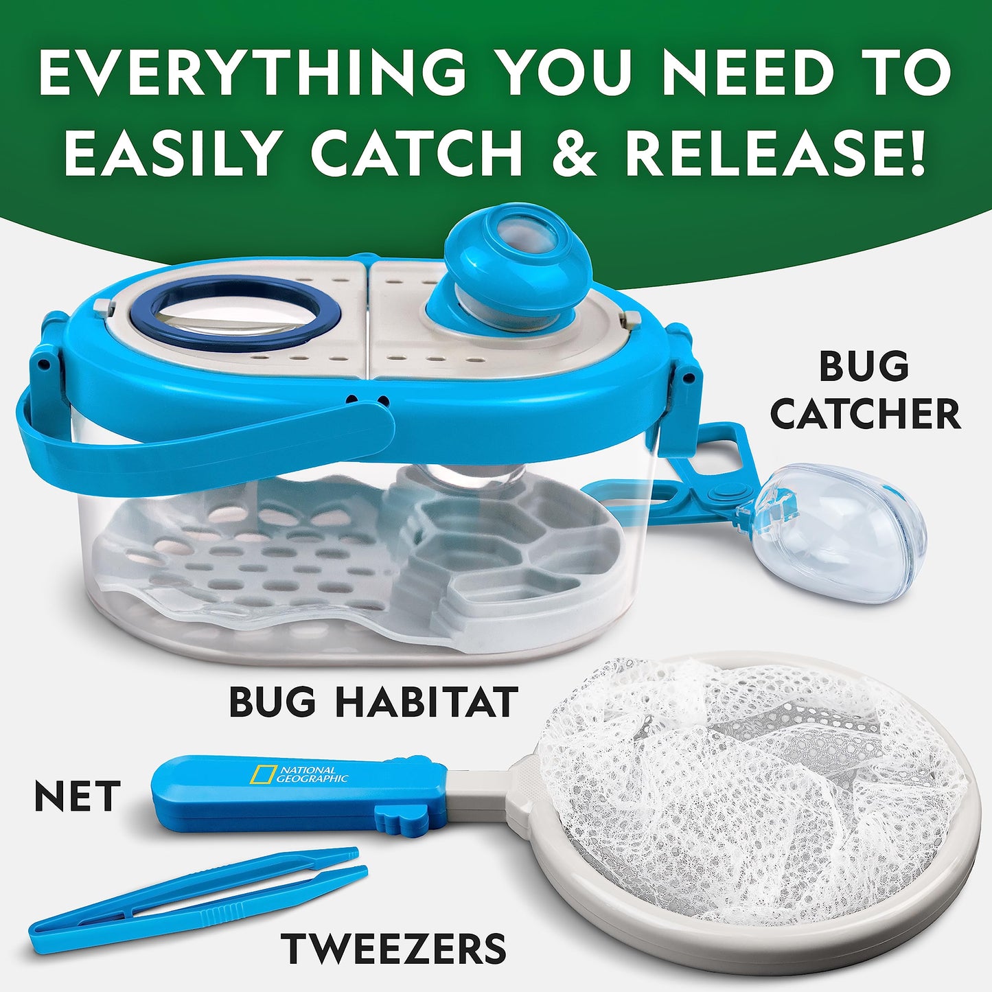 Blue Marble NATIONAL GEOGRAPHIC Bug Catcher Kit - Kids Insect Habitat with Magnified Viewer, Tweezers, Learning Guide, Medium Size