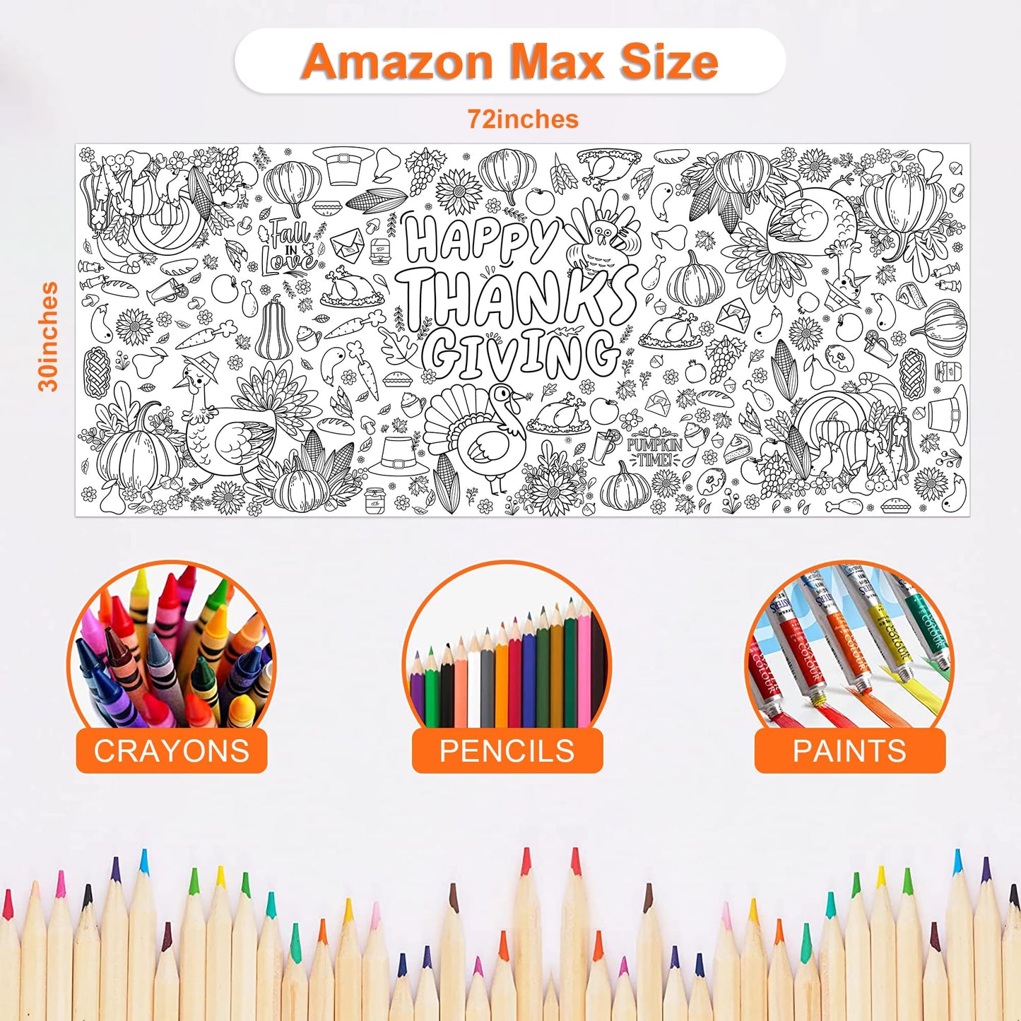 Ohome Thanksgiving Giant Coloring Poster/Tablecloth-Thanksgiving Crafts For Kids-30 X 72 Inches Jumbo Paper Coloring Banner Than