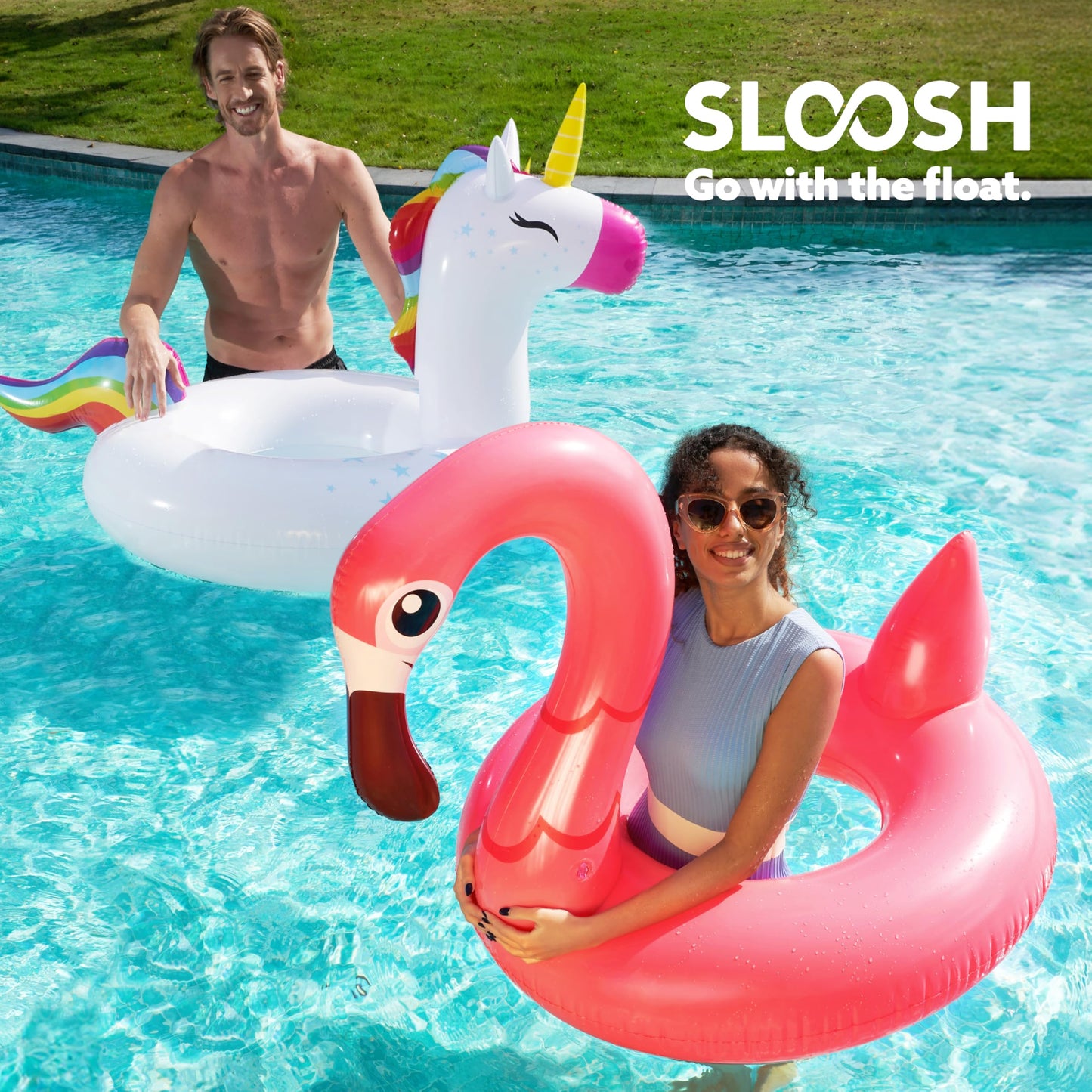 SLOOSH 2-Pack Unicorn Flamingo Pool Floats - Inflatable Pool Floaties Swimming Party Decorations, Fun Float Swim Rings Floating