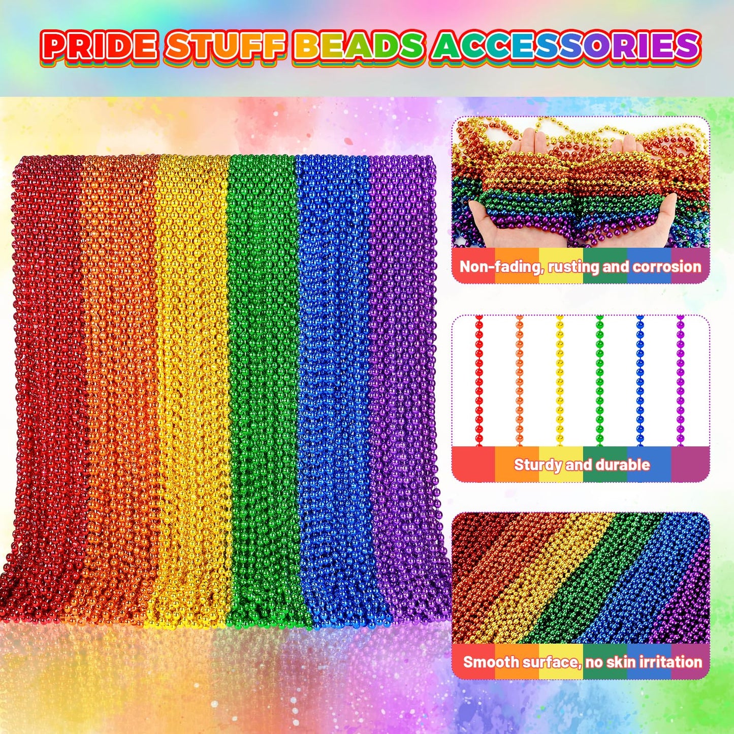 Yaxinrui 144 Pcs Pride Beads Necklaces, Lgbtq Pride Beads Stuff Accessories Metallic Rainbow Bead Necklaces For Gay Lesbian Prid