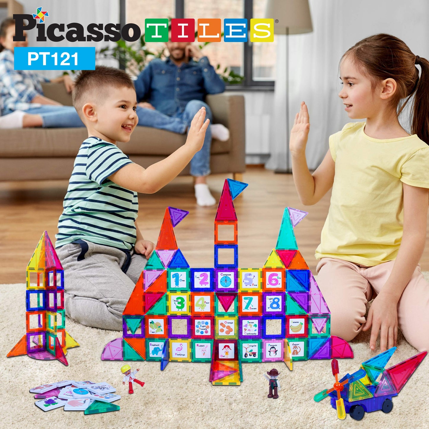 PicassoTiles 121 pc Master Builder Magnetic Building Block Construction Set Magnet Tiles Blocks with Car Truck, 2 Character Acti