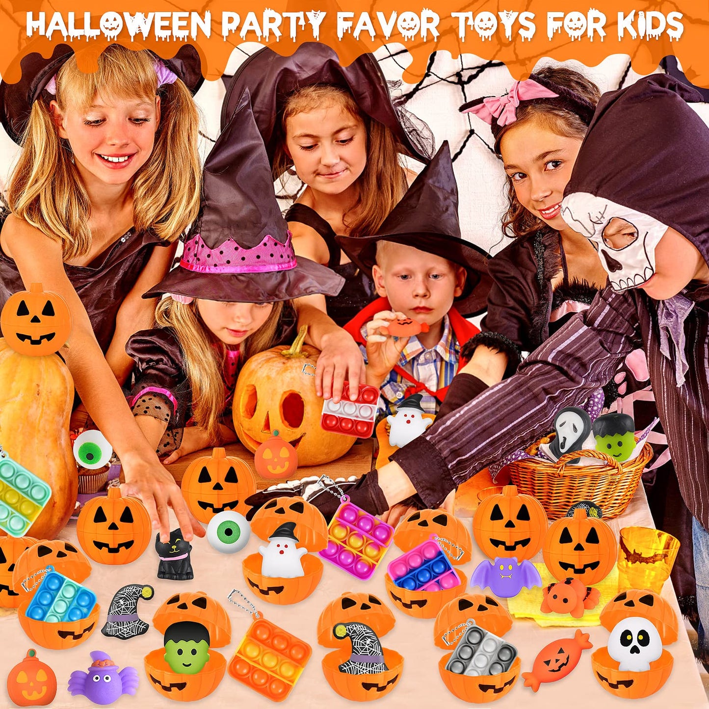 48 Halloween Toys Pack with Pumpkin Box, Halloween Party Favors Gifts for Kids, Squishy Mochi Toys in Bulk with Bubble Push it K