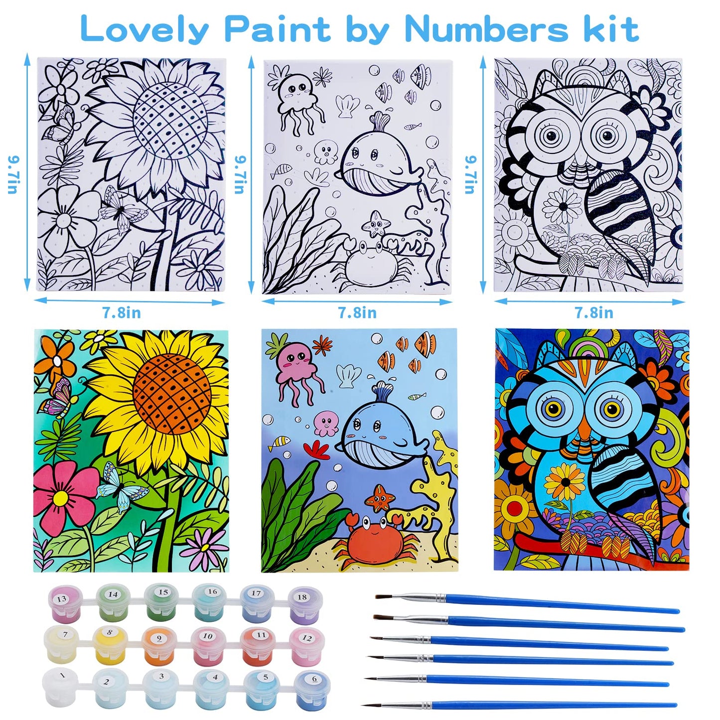 3 Pack Paint By Numbers For Kids Ages 8-12, 10*8''Color By Number For Kids Framed Canvas With 18 Acrylic Paint Pots And 6 Brushe