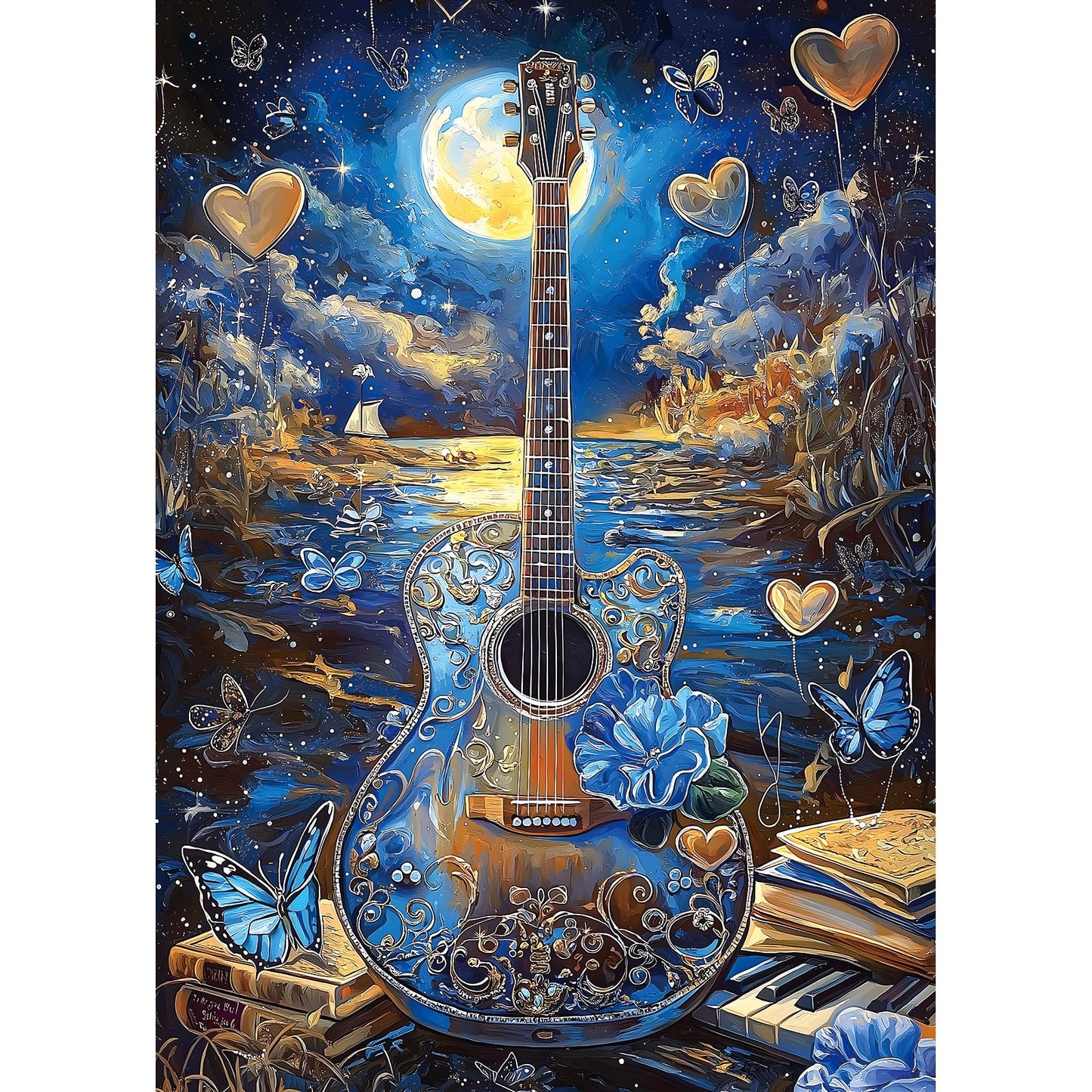 Miniwan 1000 Piece Jigsaw Puzzles For Adults- Fantasy Guitar Moonlight Puzzle - Blue Night Sky With Butterflies Challenging Puzz
