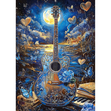 Miniwan 1000 Piece Jigsaw Puzzles For Adults- Fantasy Guitar Moonlight Puzzle - Blue Night Sky With Butterflies Challenging Puzz