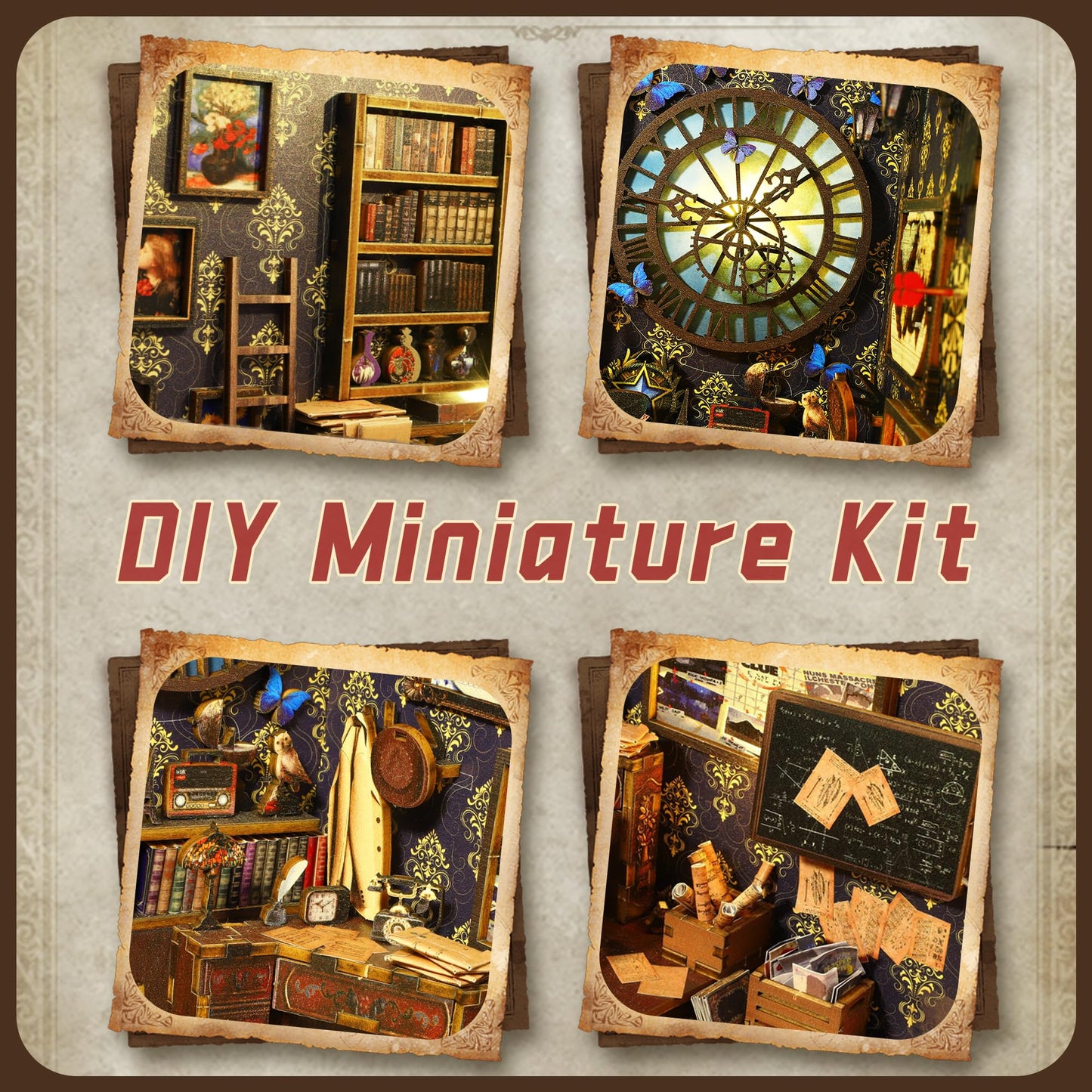 Book Nook Kit, Mojino Diy Miniature 3D Puzzle Wooden Bookends Dollhouse With Led Lights For Bookshelf Decor, Tiny Miniverse Mode