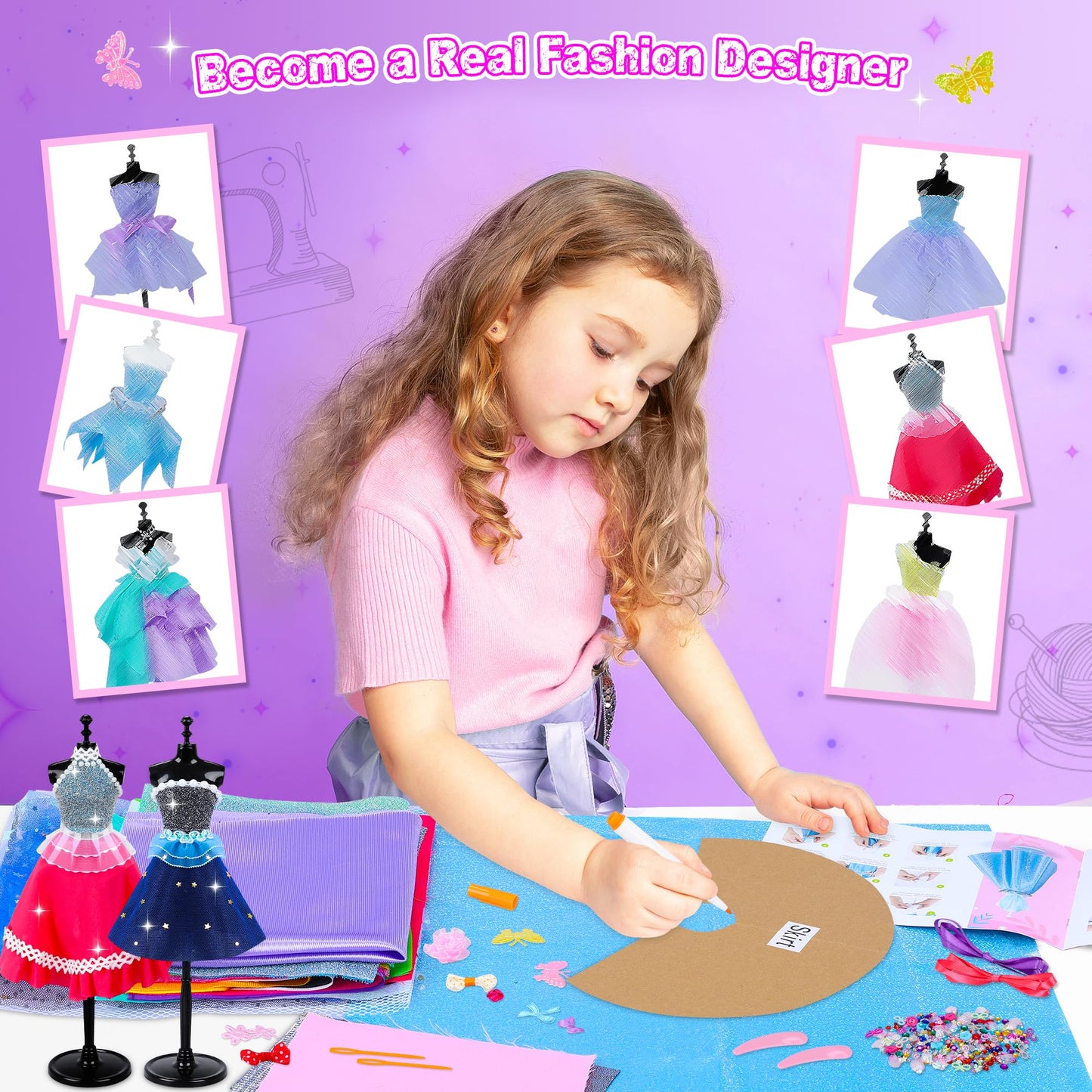 Minifun 800+Pcs Fashion Designer Kit For Girls, Sewing Kit With 4 Mannequins, Diy Arts And Crafts Kit For Kids, Doll Clothes Making Kit, Girl Toys For Age 6 7 8 9 10 11 12 Year Old Gifts