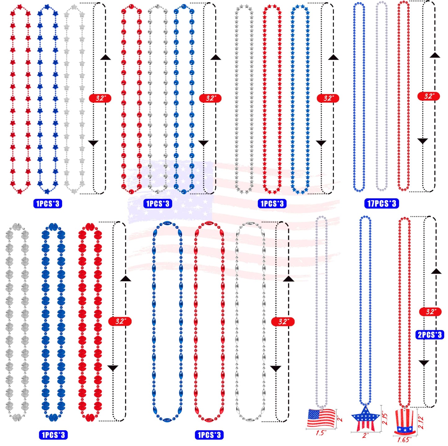 72PCS 4th of July Accessories Necklaces: Blue White and Red Beads Bulk, Patriotic Party Independence Memorial Day Favors Toys De