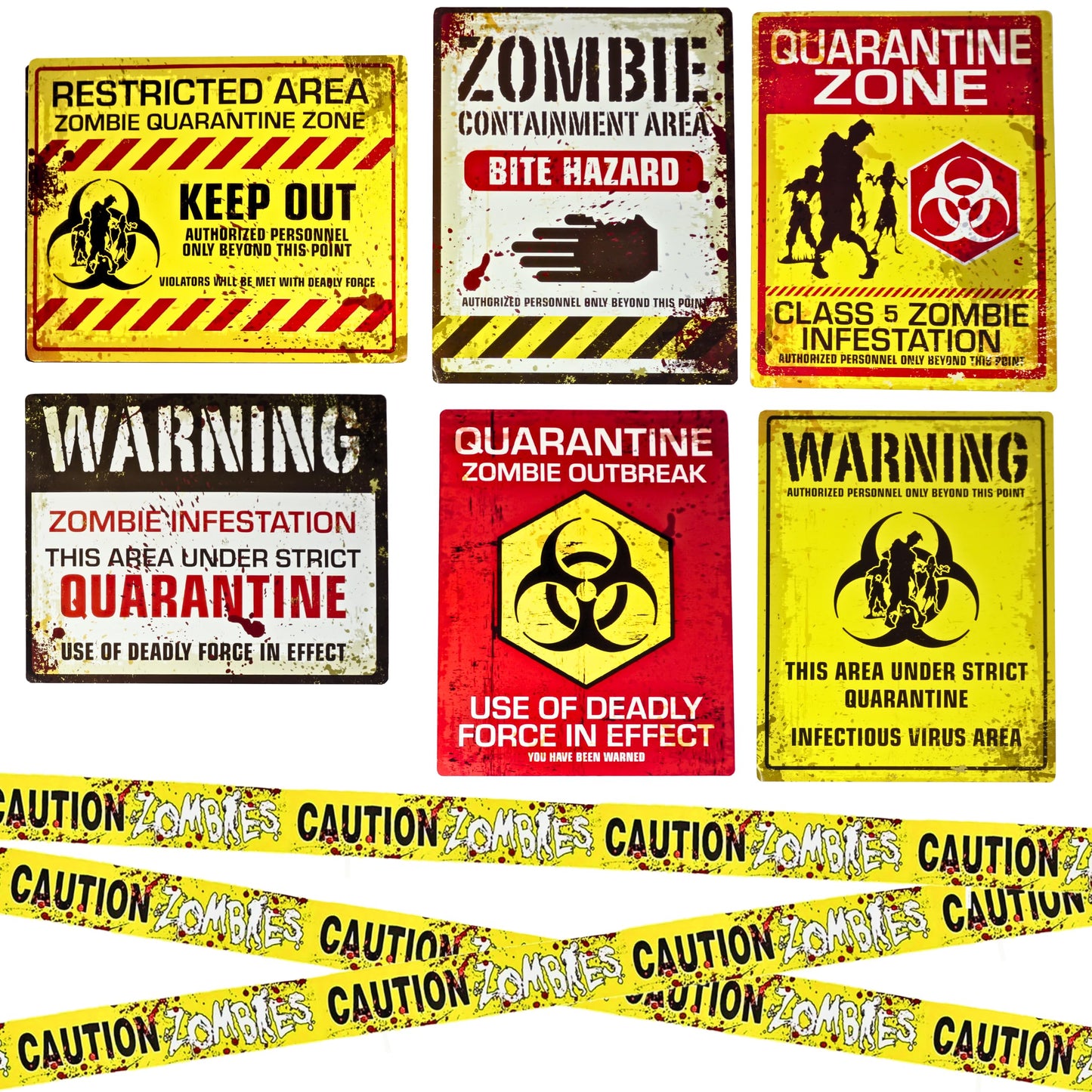 4Es Novelty 6 Warning Signs 11x14 with Caution Tape Roll 20 Feet - Halloween Zombie Party Decorations Halloween Indoor Outdoor