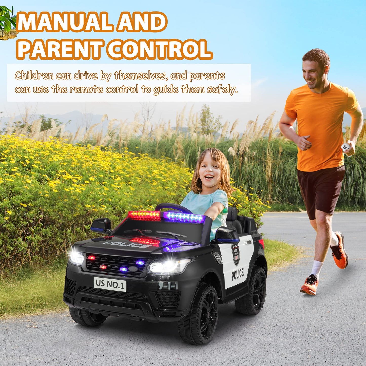 Tobbi Police Car Ride On Electric Car For Kids - Second Day Delivery - Battery Powered Ride-On Toys Cop Cars With Remote Control, Siren, Flashing Lights, Music, Spring Suspension, Carbon Black