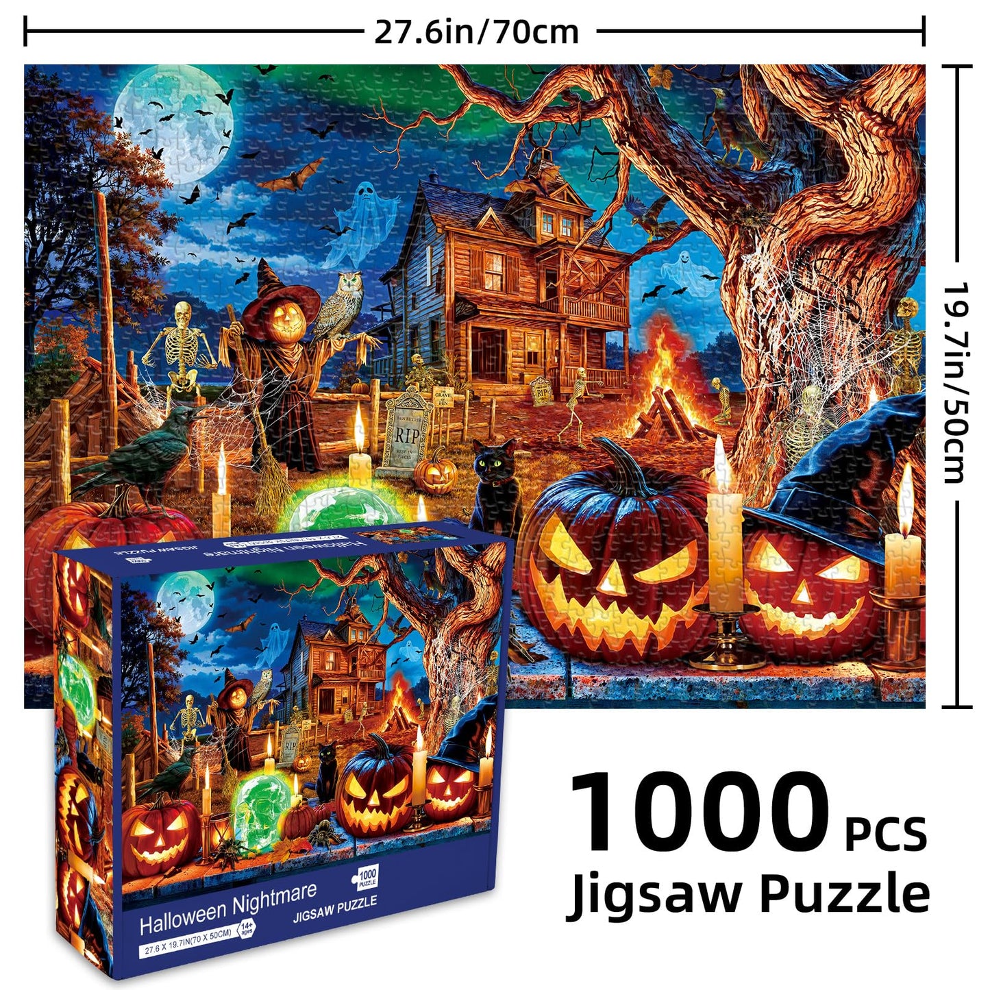 Sutinban Halloween Puzzle 1000 Pieces for Adults, Horror Skull Pumpkin Head Halloween Haunted House Jigsaw Puzzles 1000 Pieces F