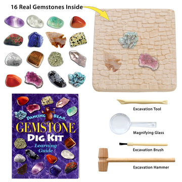 Dancing Bear Gem Dig Kit - Excavate 16 Gems & Crystals Including Arrowheads, Quartz, Amethyst - Stem Education Gift Set For Kids