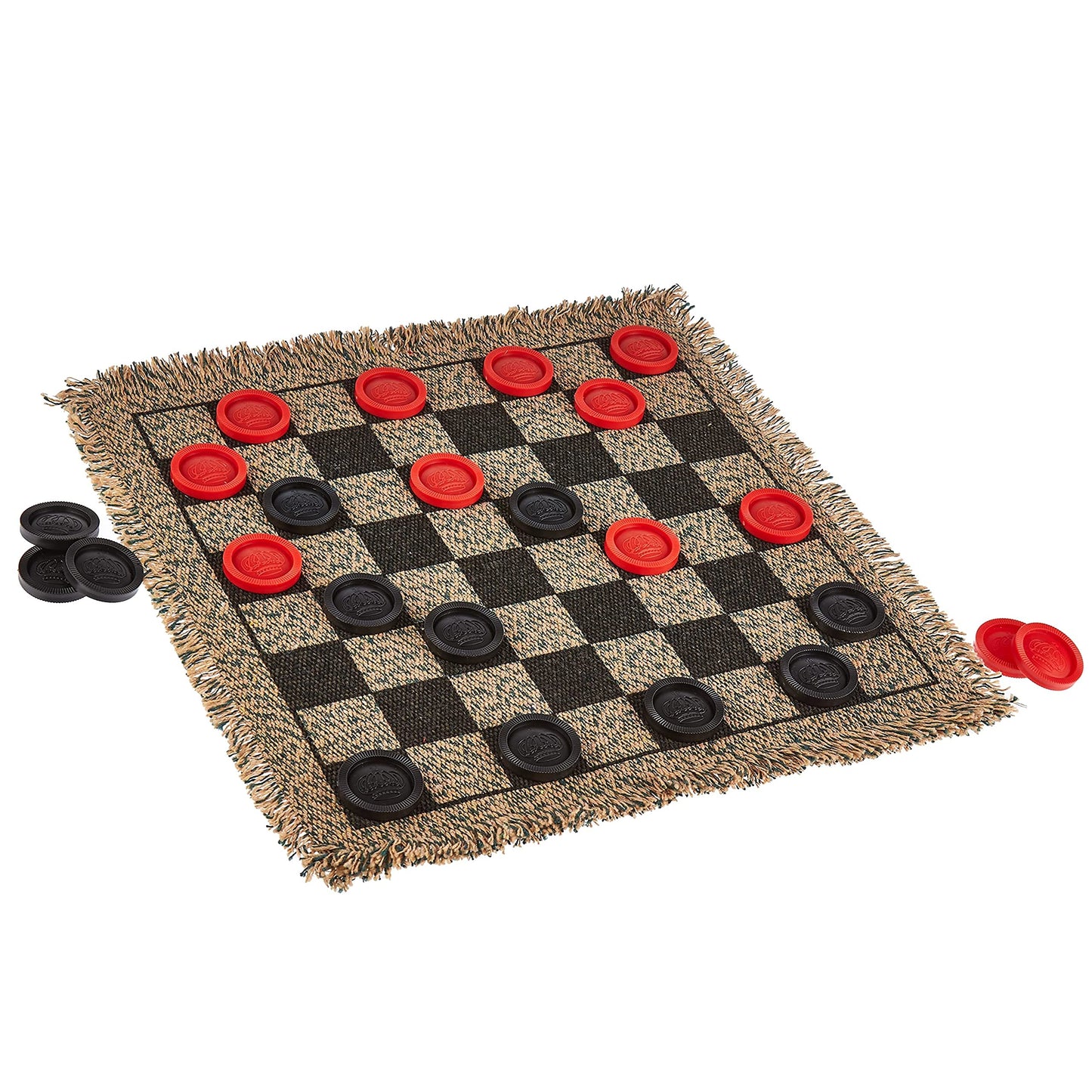 3-In-1 Mini Checkers Rug + Classic & Mega Tic Tac Toe - Portable Compact 12' X 12' Reversible Checkerboard Rug - Travel, Parties, Games On The Go, Family Board Game Night