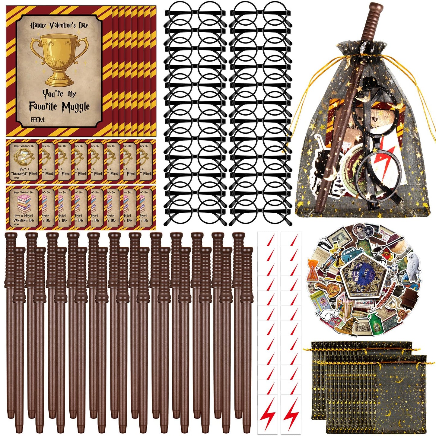 Gosodeny 24 Set Valentines Day Wizard Stationery Gift Set, Wand Pencils & Decorative Glasses with Exchange Cards, Valentines Eve