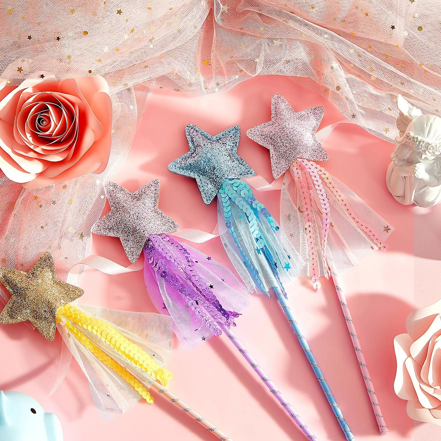 Honoson Glitter Star Magic Wand Princess Wand Fairy Wand Angel Star Wand Stick with Ribbon for Girl Kid Birthday Wedding Princes