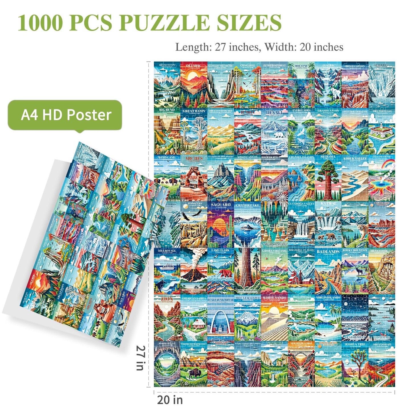 ALL4JIG National Park Paper Cuttings Style Fun Jigsaw Puzzles for Adults and Kids, 1000 Pieces, Christmas Secret Santa Gift, Whi