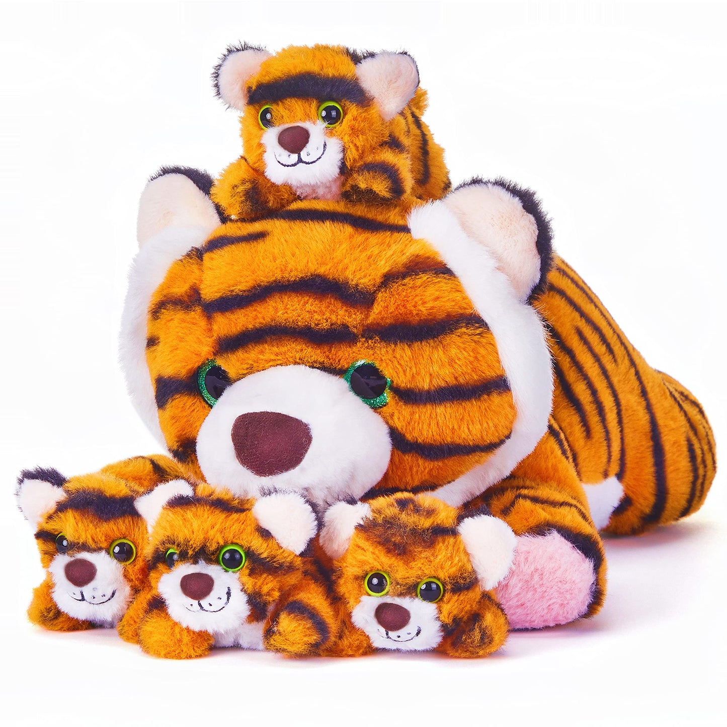 Earthsound Tiger Mom And Baby Stuffed Animal Mommy Plush Toy,16 Cute Small Mama Soft Toy With Mini Little Babies,Family Set Gi