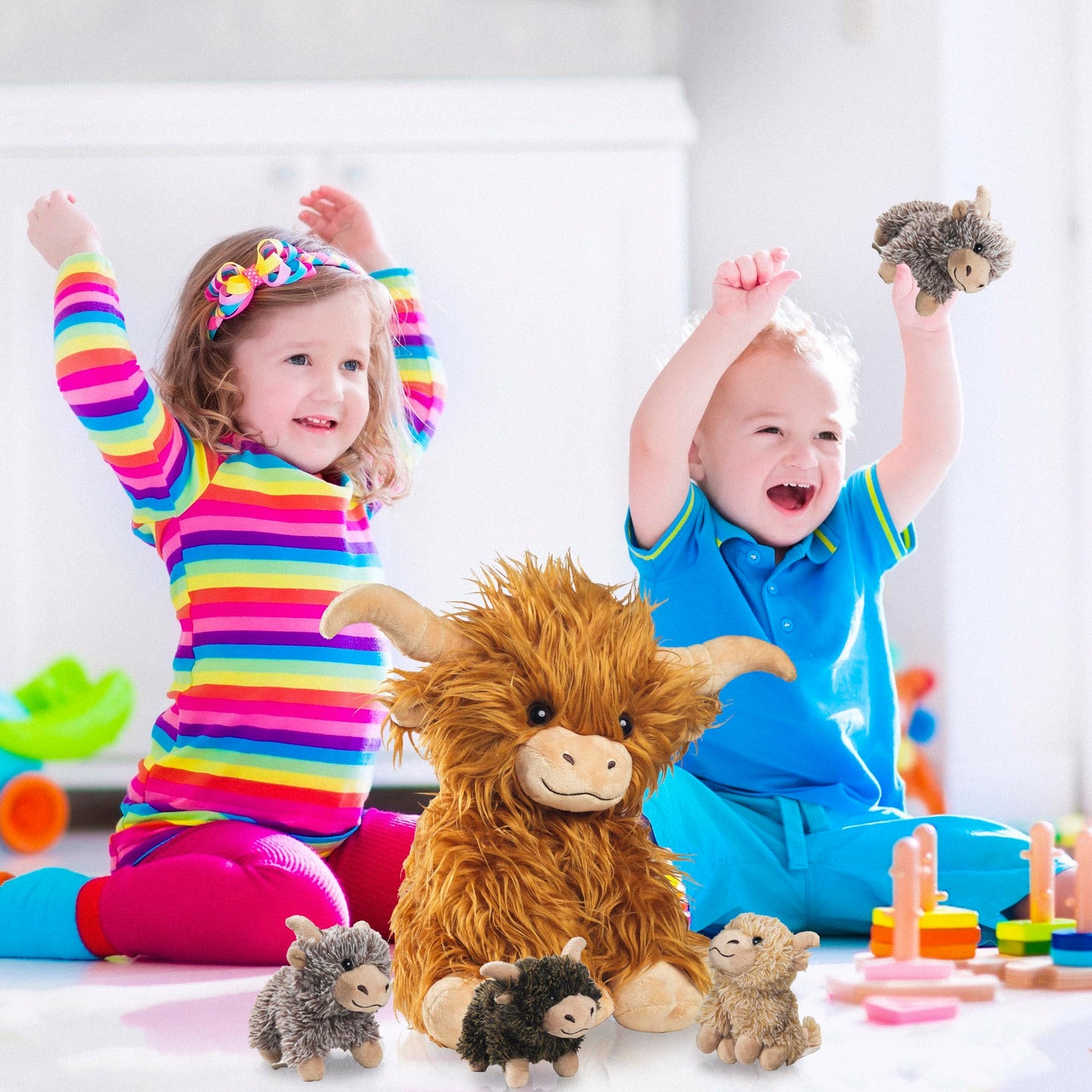 Youthfuljive 5 Pcs Highland Cow Stuffed Animals With Babies Inside 14'' Scottish Stuffed Highland Cow Plush Toy Set Mommy And 4