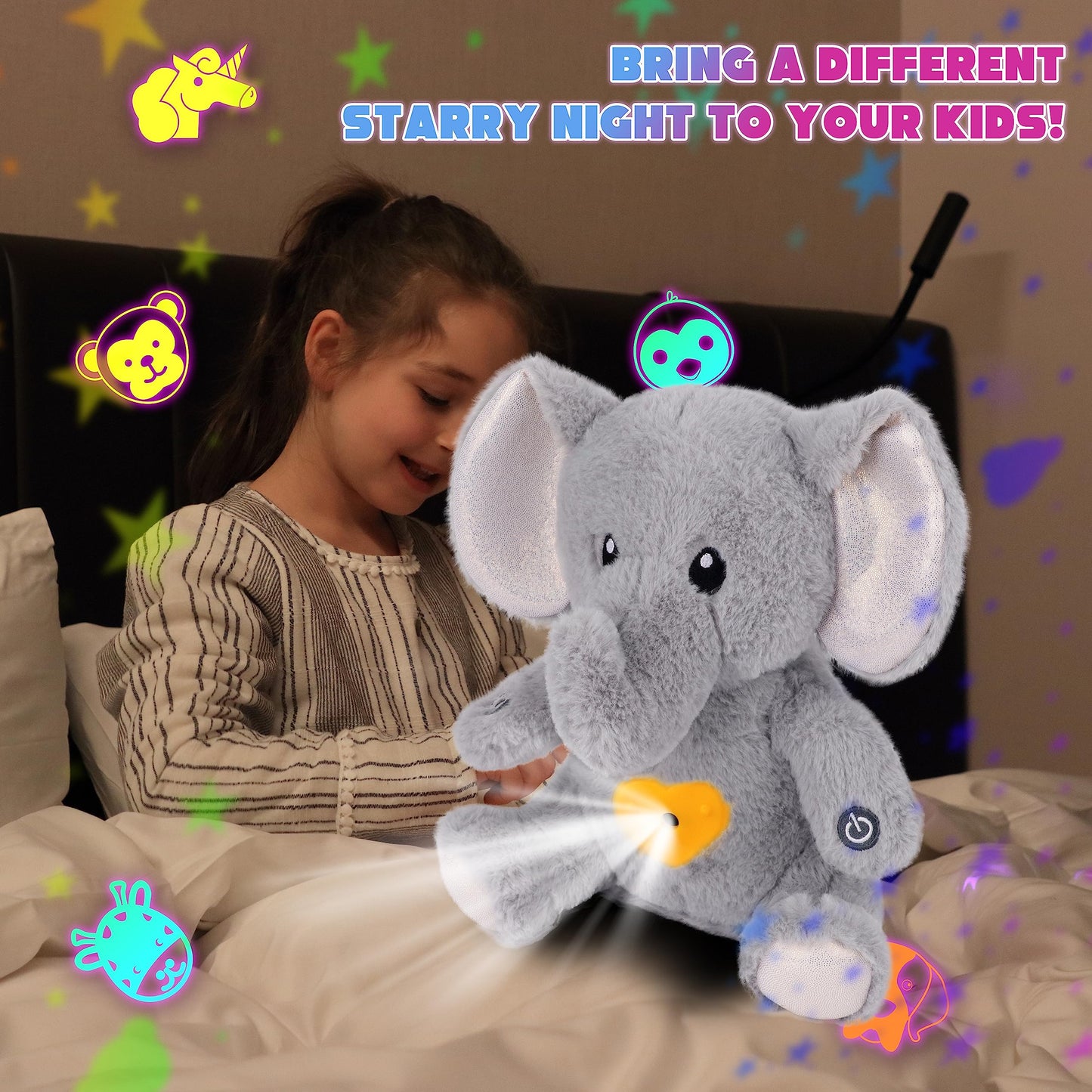 Cuteoy Elephant Plush Night Light Projector - 12 Inch Grey Musical Soother for Kids, Lullabies Sleep Aid Gift
