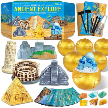 Ancient Wonders Dig Kit, Excavate 6 Famous Landmarks Figurines & 6 Rocks, With History Learning Cards, Wonders Of The World Toy