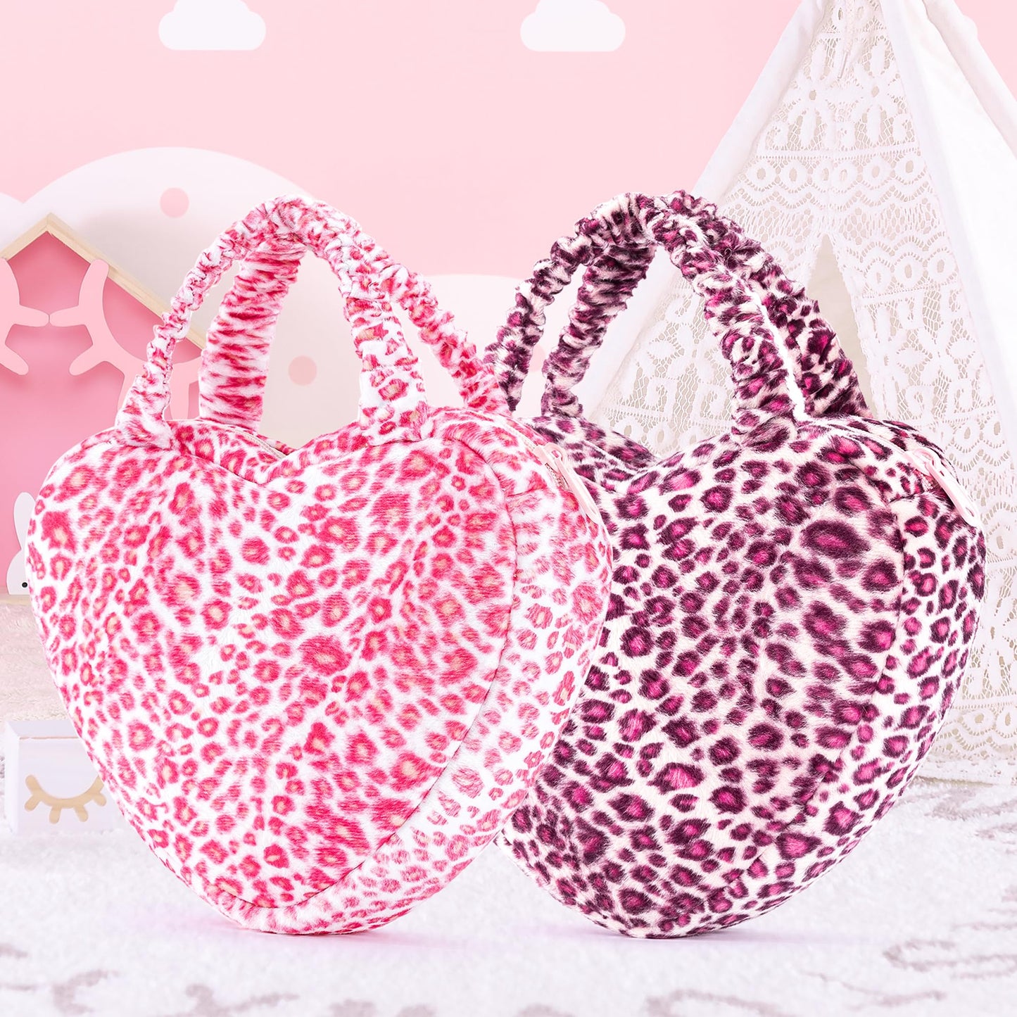 Glovelya Valentine'S Day Gifts Plush Handbag Heart-Shaped Fluffy Hand Carrying Bag In Pink And White Leopard Print, Soft And Tex