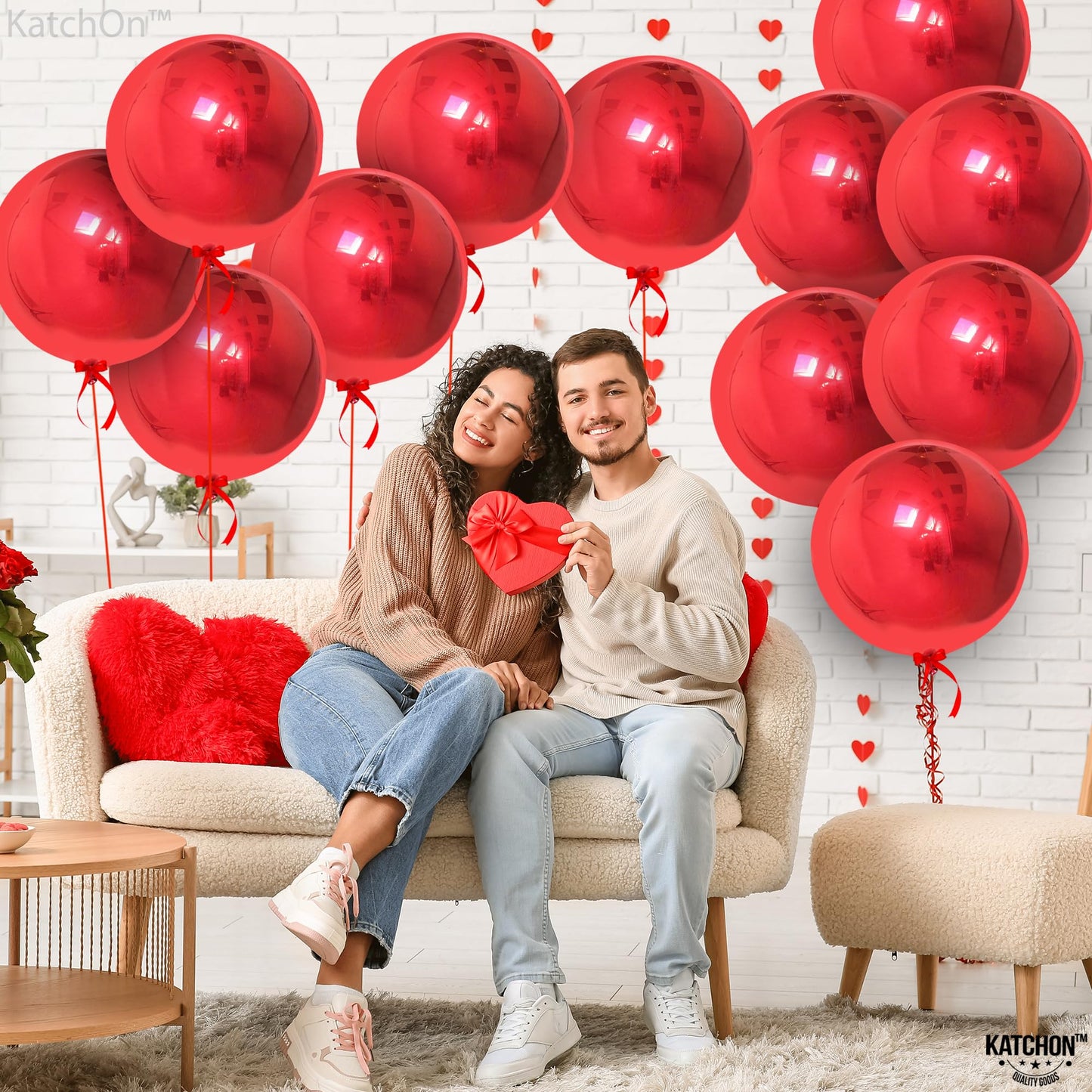 Katchon, Metallic Red Balloons -Big 22 Inch, 12 Pieces | 4D Sphere Red Metallic Balloons, Valentines Day Decorations, Red Party Decorations | Red Foil Balloons, Red Mylar Balloons, Valentines Balloons