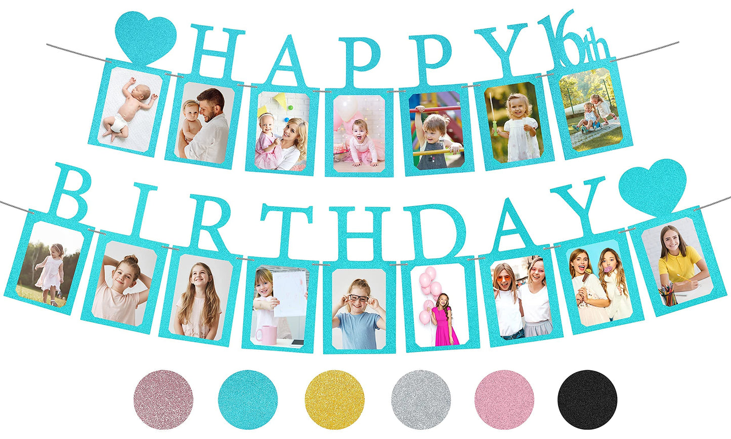 Sweet 16 Birthday Decorations Photo Banner In Blue Pre-Assembled - Sweet 16 Banner With Sixteen Photo Card Frames Party Supplies
