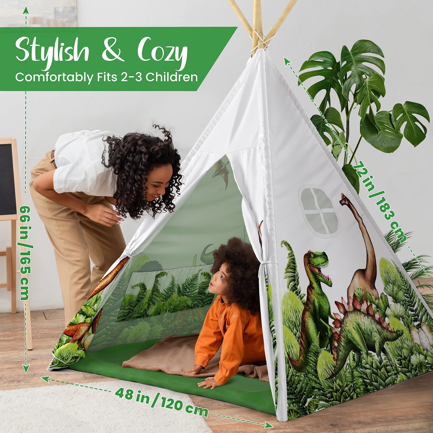 W&O Dinosaur Discovery Teepee with Roar Button, LED Lights & Plush Mat - Stable Dino Teepee for Playtime Fun